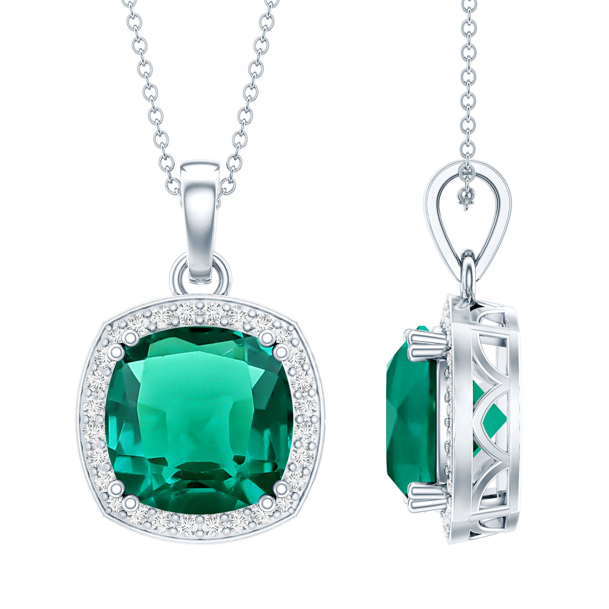 Sterling Silver 9 Carat Lab Grown Emerald Halo Pendant Necklace for Women AAAA 92.5 Sterling Silver - Rosec Jewels