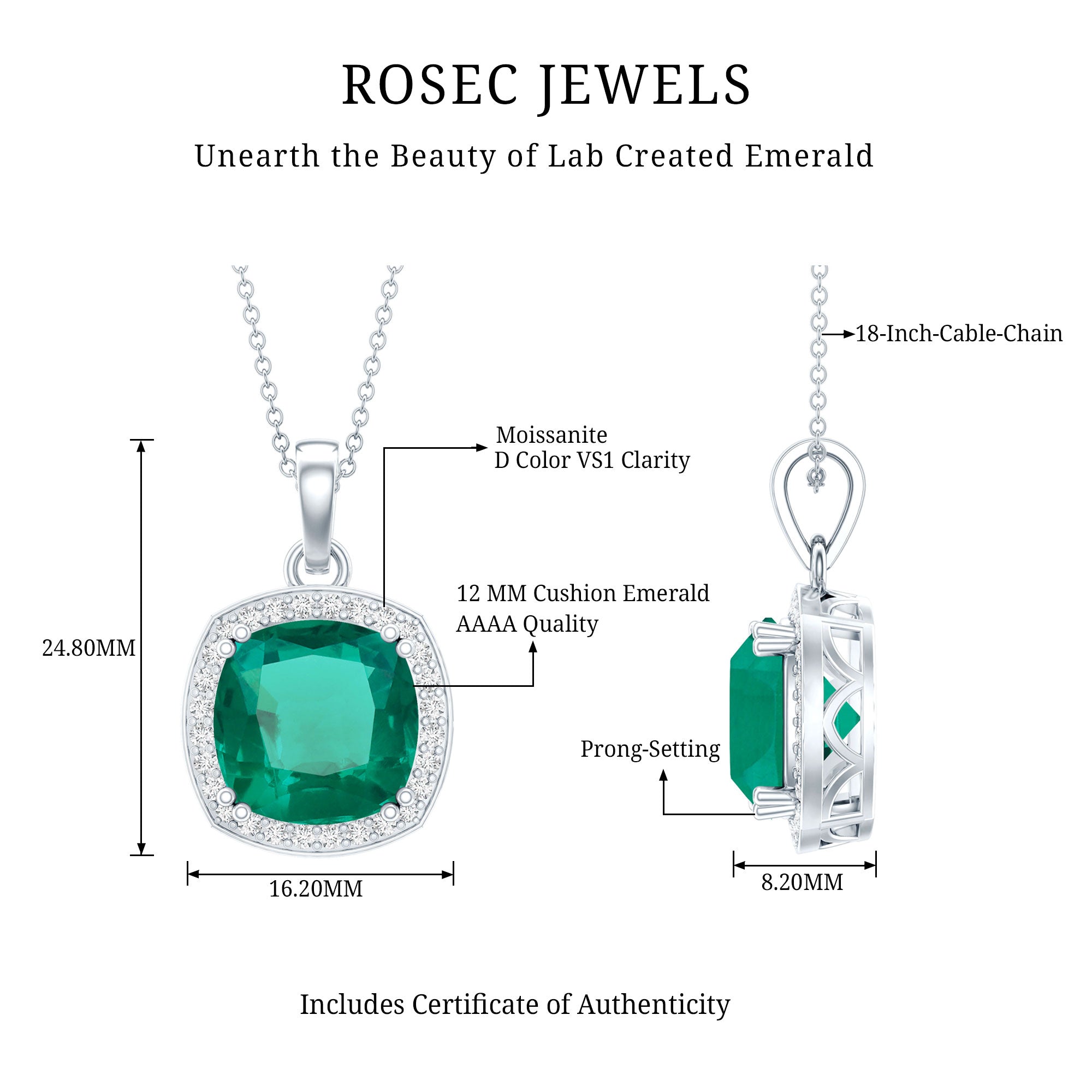 9 Carat Lab Grown Emerald Statement Necklace with Moissanite Halo AAAA 92.5 Sterling Silver - Rosec Jewels