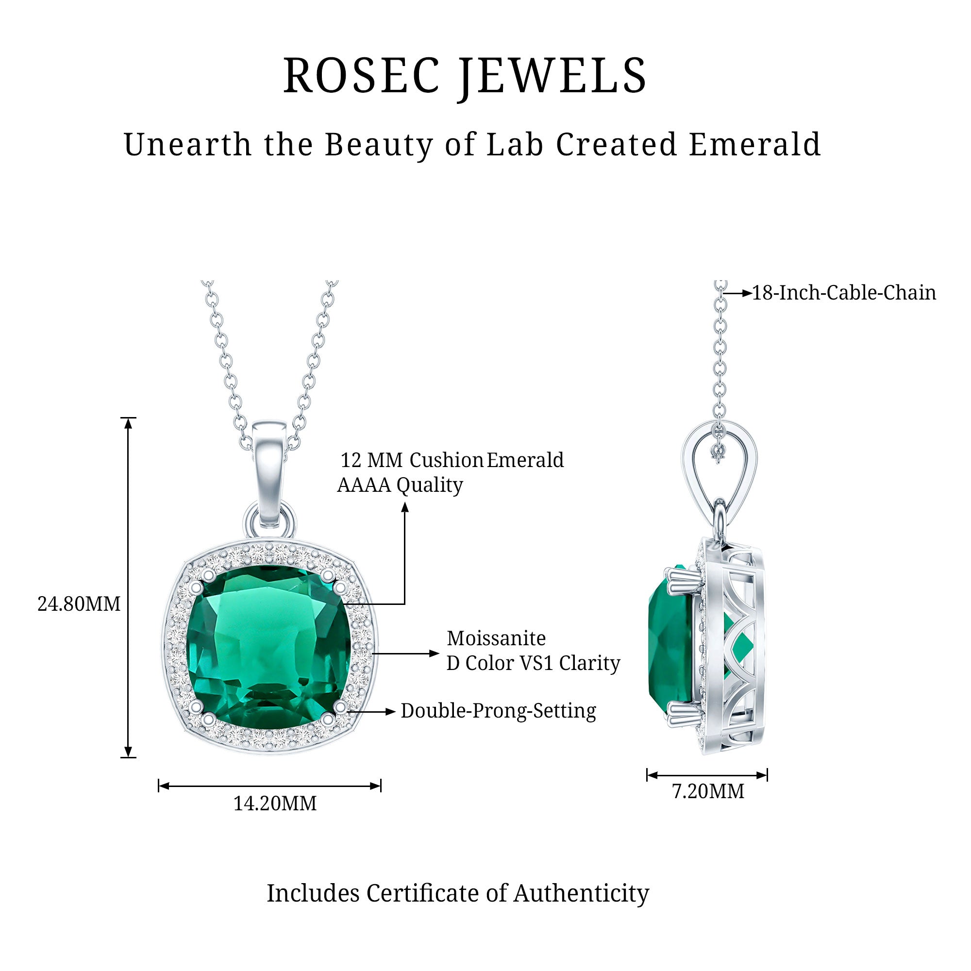 9 Carat Lab Grown Emerald Statement Necklace with Moissanite Halo AAAA 92.5 Sterling Silver - Rosec Jewels