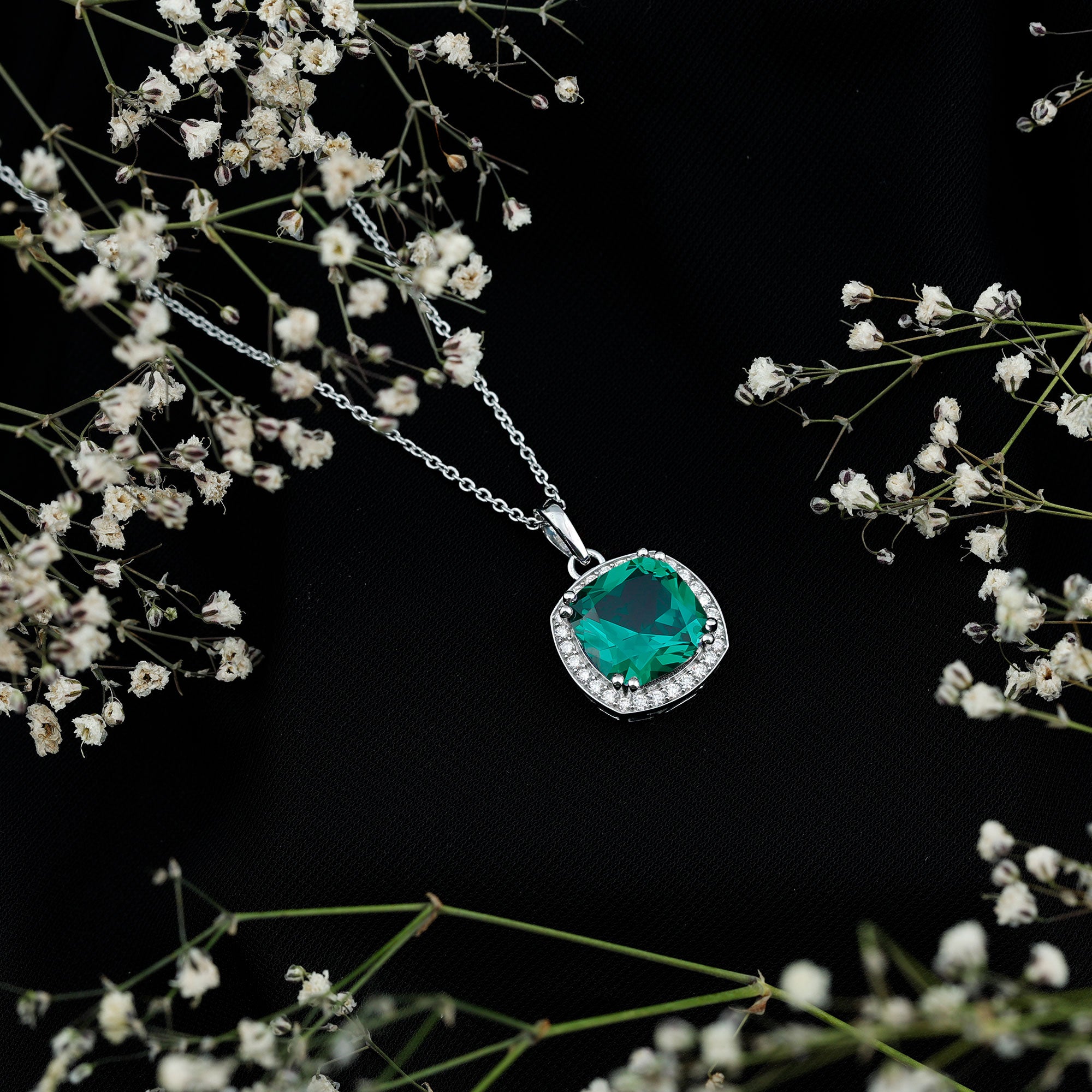 9 Carat Lab Grown Emerald Statement Necklace with Moissanite Halo AAAA 92.5 Sterling Silver - Rosec Jewels