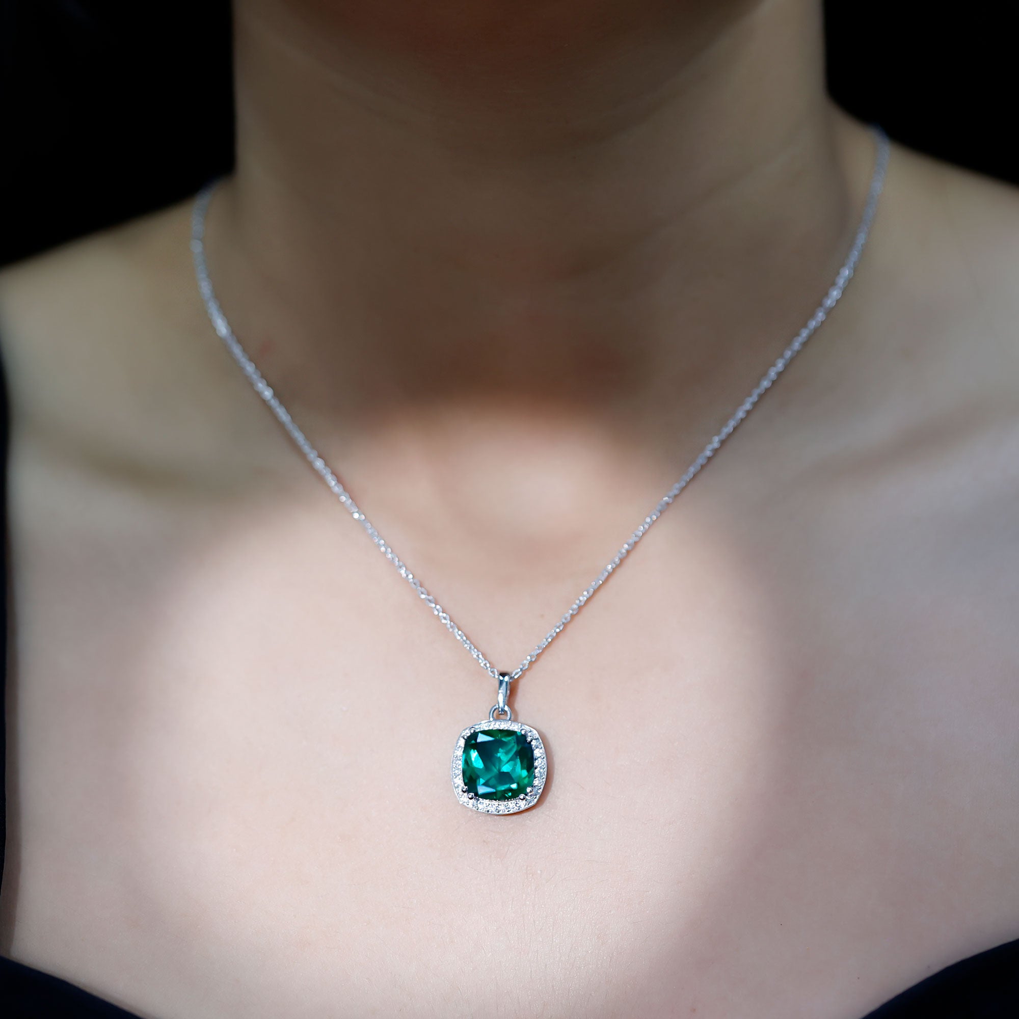 9 Carat Lab Grown Emerald Statement Necklace with Moissanite Halo AAAA 92.5 Sterling Silver - Rosec Jewels