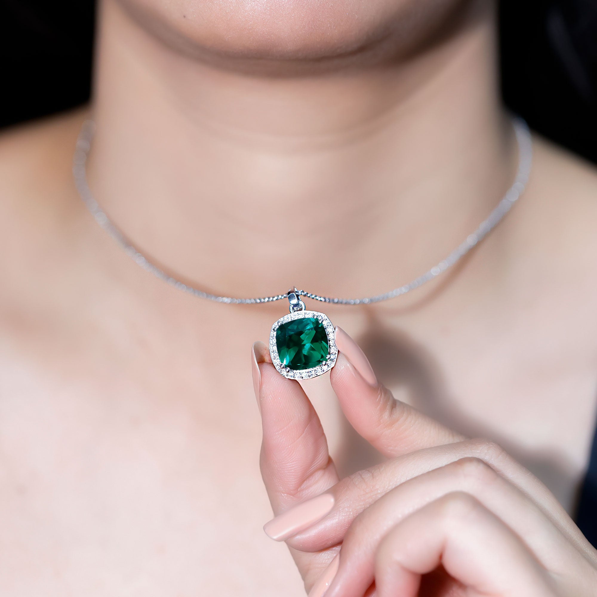 9 Carat Lab Grown Emerald Statement Necklace with Moissanite Halo AAAA 92.5 Sterling Silver - Rosec Jewels