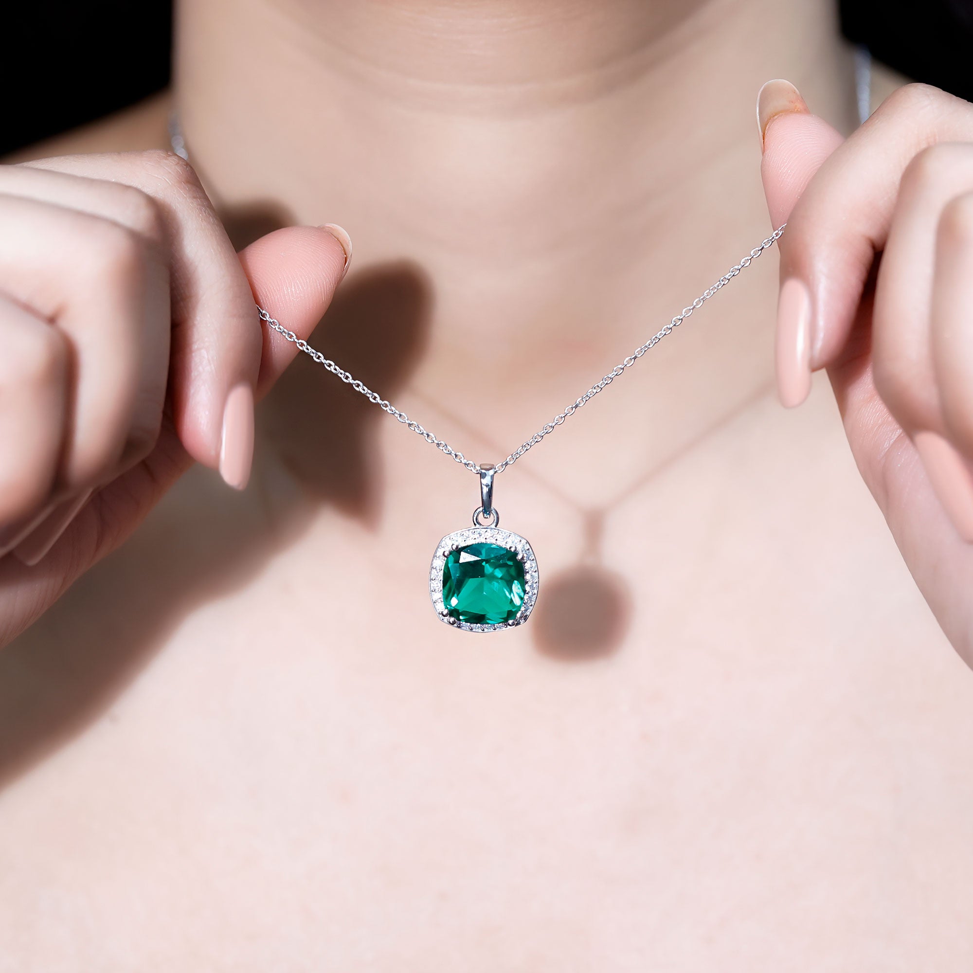 9 Carat Lab Grown Emerald Statement Necklace with Moissanite Halo AAAA 92.5 Sterling Silver - Rosec Jewels