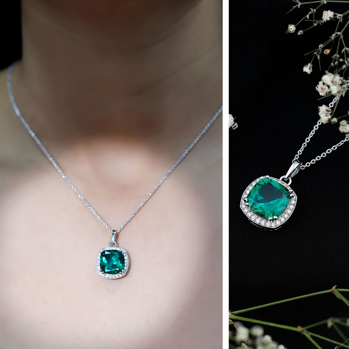Sterling Silver 9 Carat Lab Grown Emerald Halo Pendant Necklace for Women AAAA 92.5 Sterling Silver - Rosec Jewels