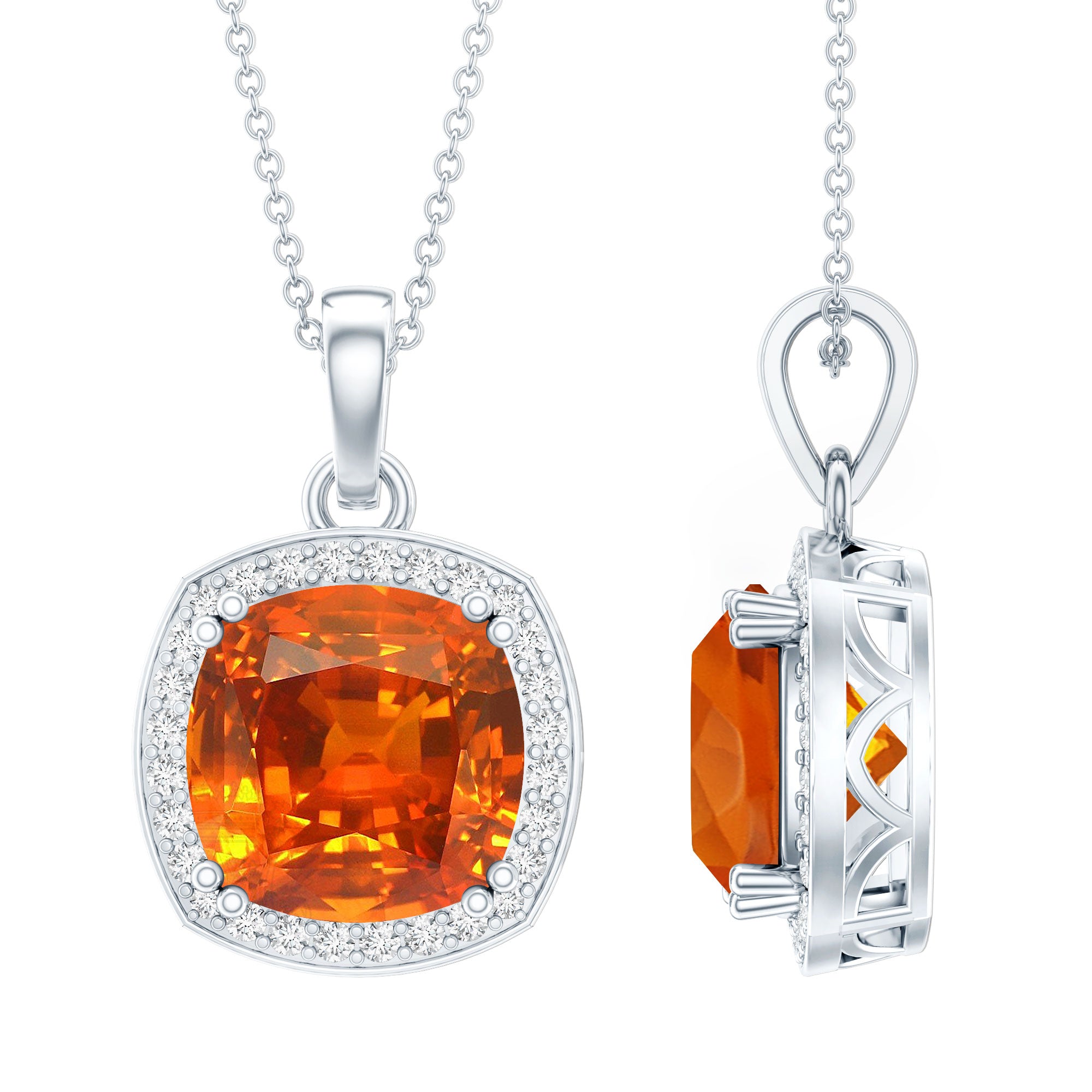 Certified 9 Carat Lab Grown Orange Sapphire Bridal Necklace With Silver Chain AAAA 92.5 Sterling Silver - Rosec Jewels