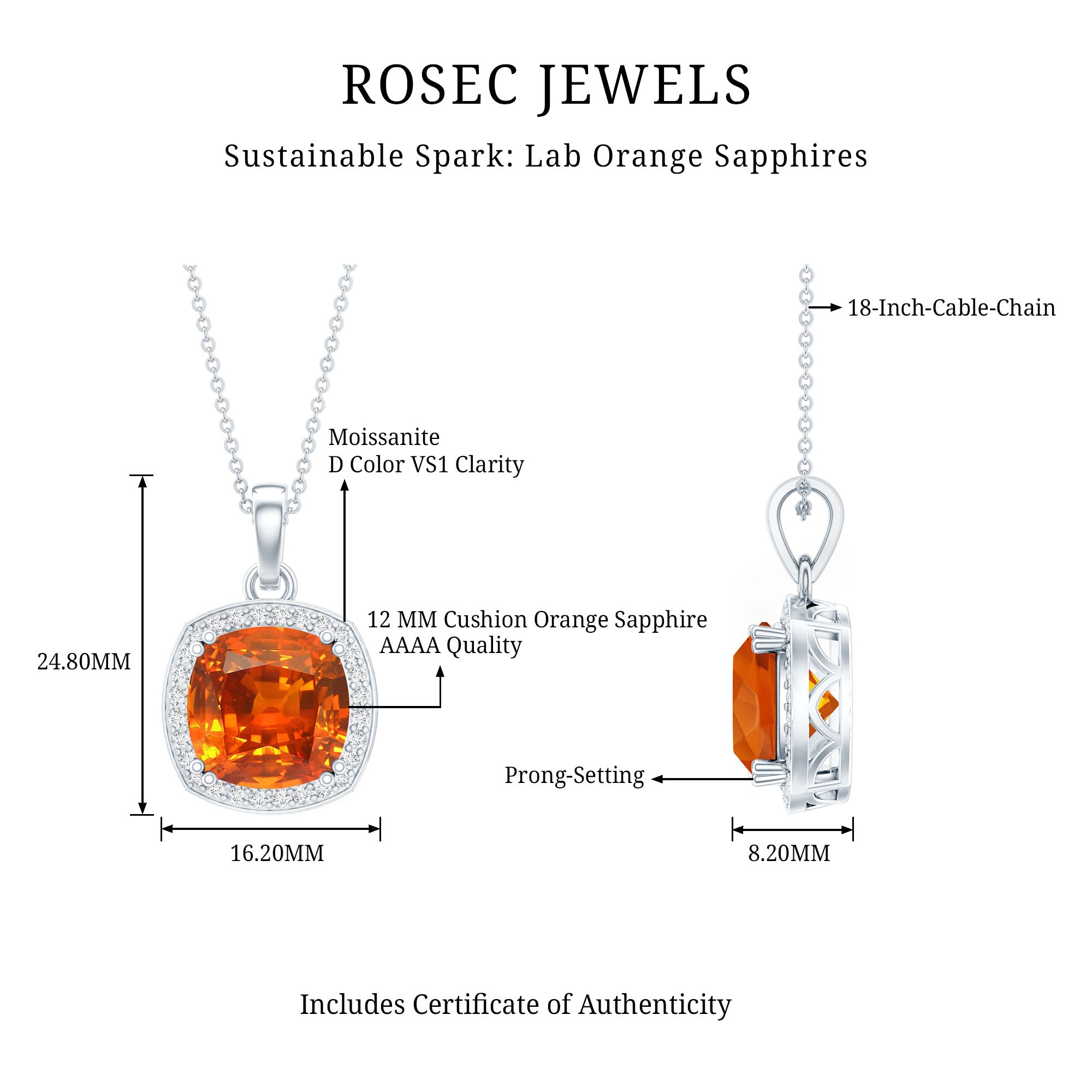 Certified 9 Carat Lab Grown Orange Sapphire Bridal Necklace With Silver Chain AAAA 92.5 Sterling Silver - Rosec Jewels