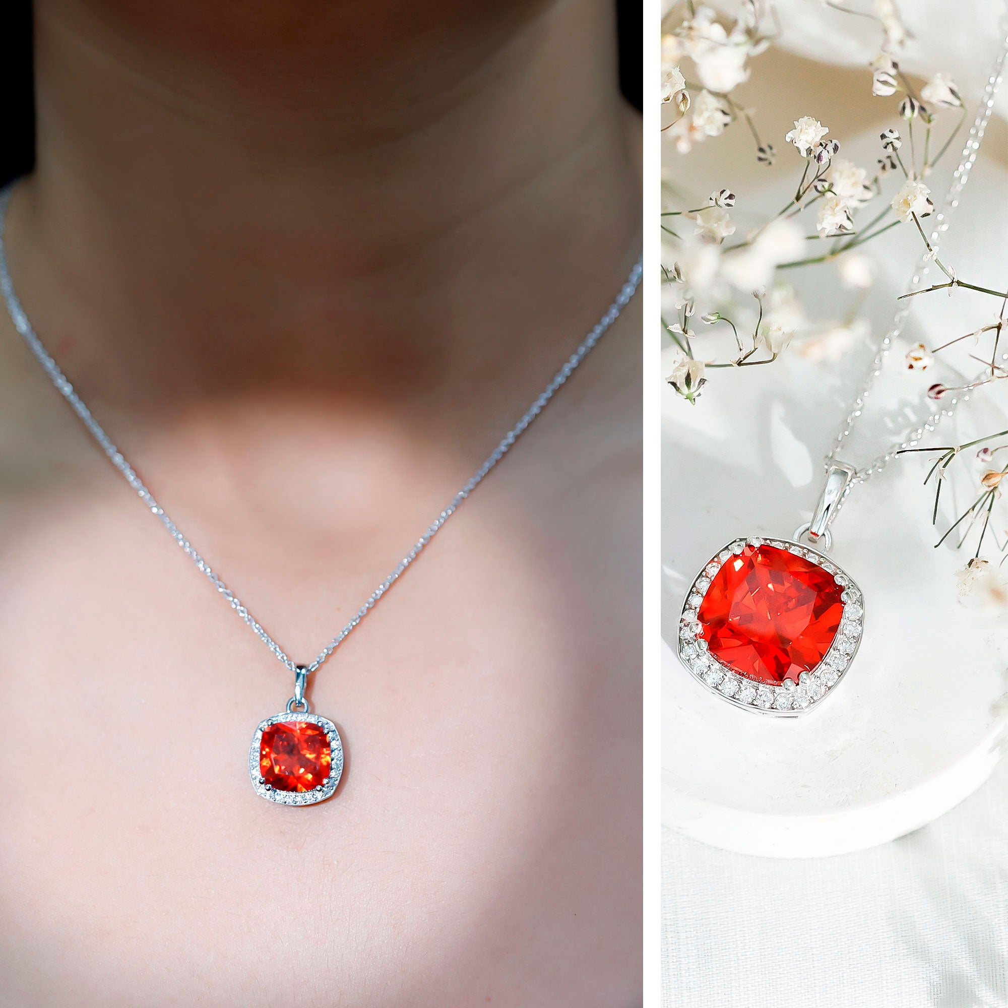 Certified 9 Carat Lab Grown Orange Sapphire Bridal Necklace With Silver Chain AAAA 92.5 Sterling Silver - Rosec Jewels