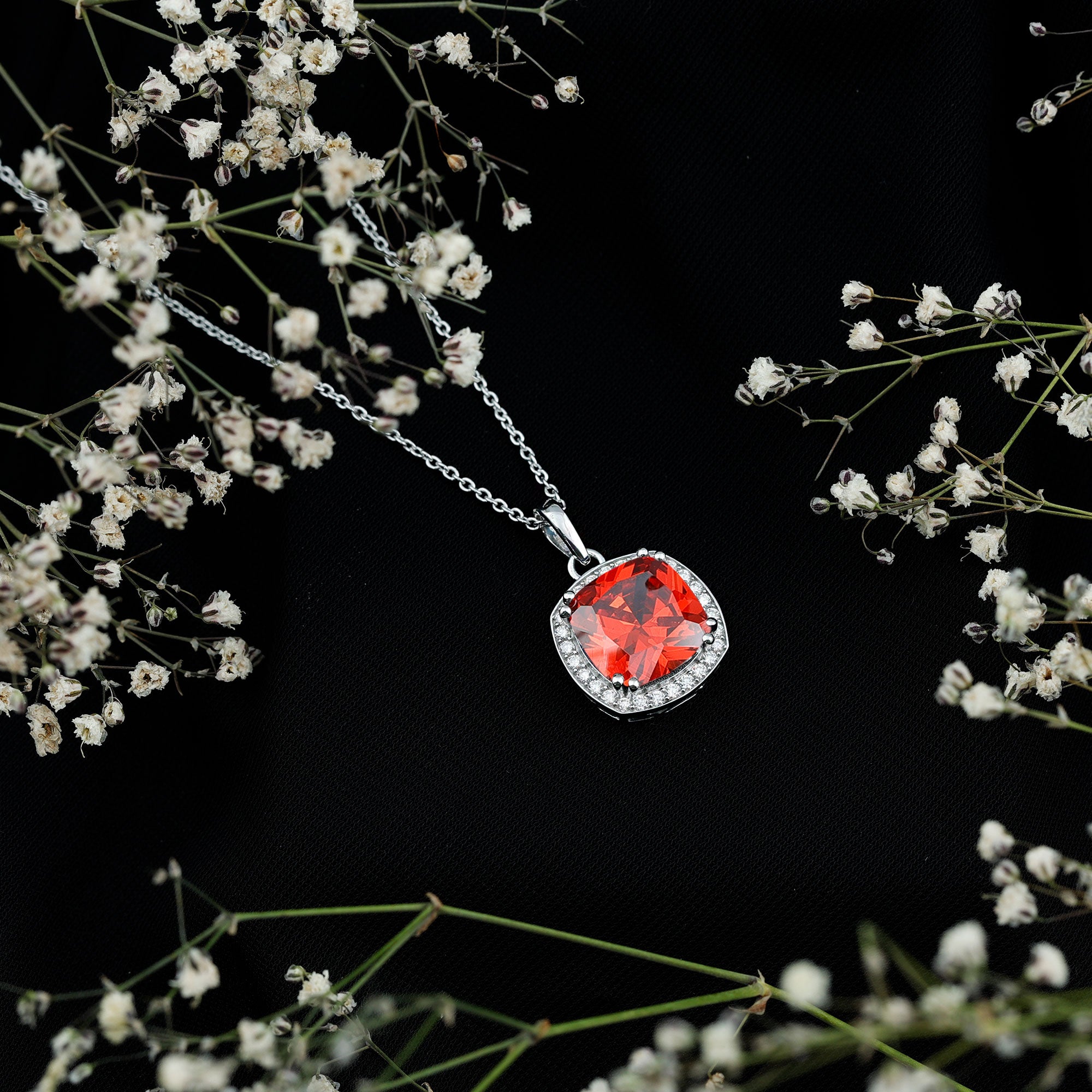 Certified 9 Carat Lab Grown Orange Sapphire Bridal Necklace With Silver Chain AAAA 92.5 Sterling Silver - Rosec Jewels