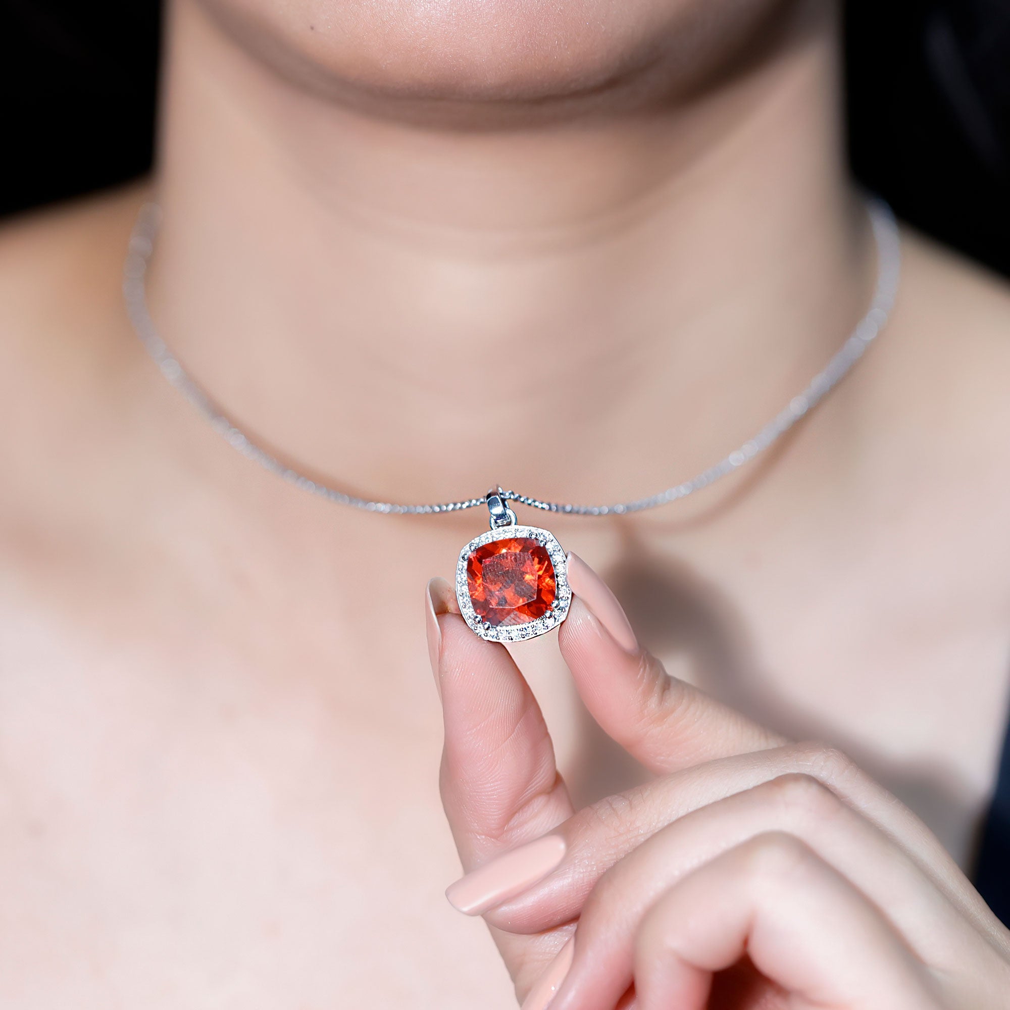 Certified 9 Carat Lab Grown Orange Sapphire Bridal Necklace With Silver Chain AAAA 92.5 Sterling Silver - Rosec Jewels