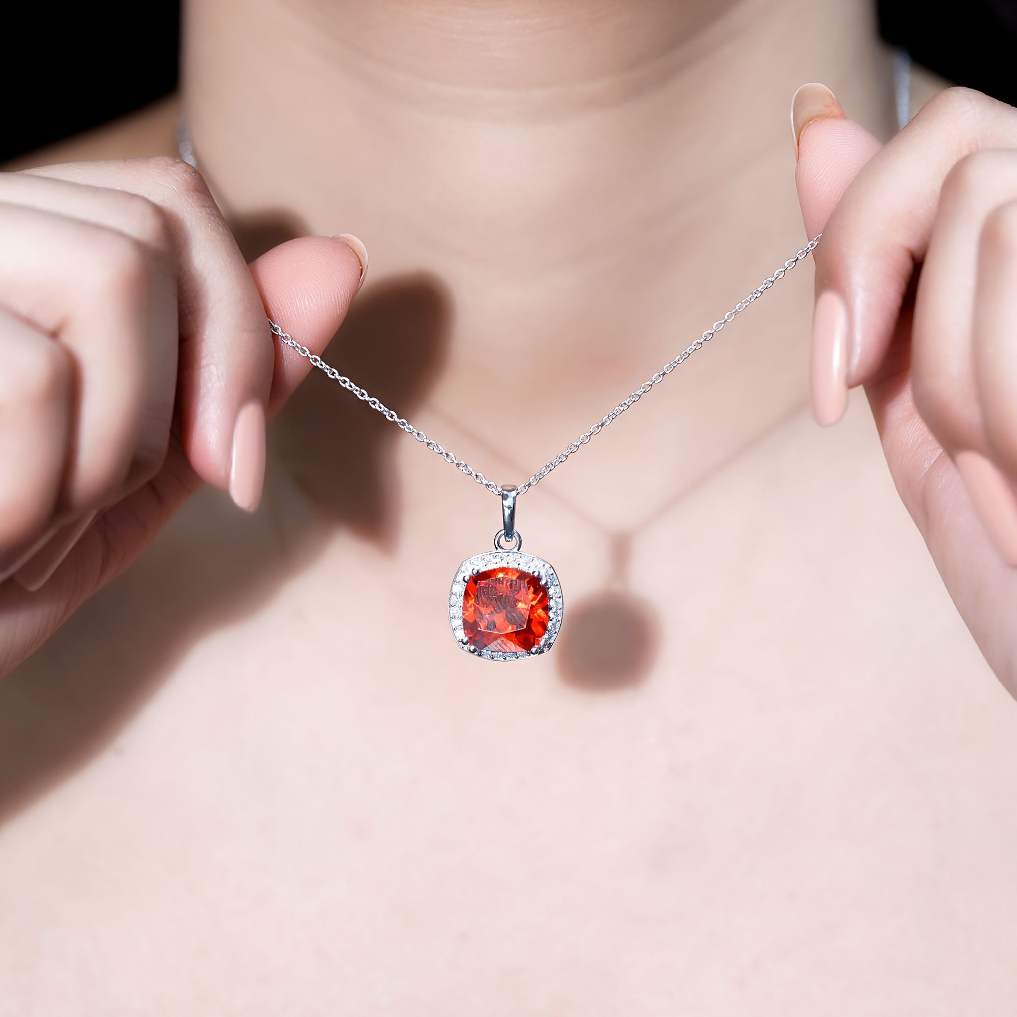 Certified 9 Carat Lab Grown Orange Sapphire Bridal Necklace With Silver Chain AAAA 92.5 Sterling Silver - Rosec Jewels
