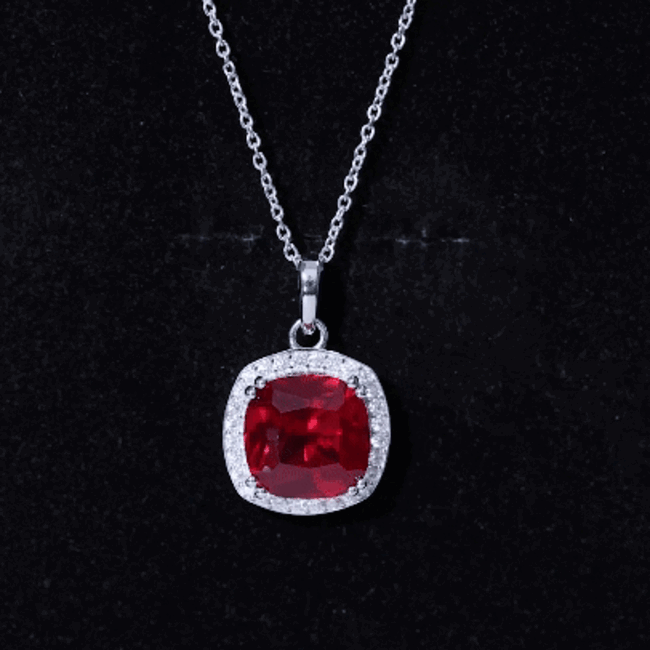 4 Carat Cushion Cut Lab Grown Ruby and Moissanite Halo Pendant Necklace AAAA 92.5 Sterling Silver - Rosec Jewels