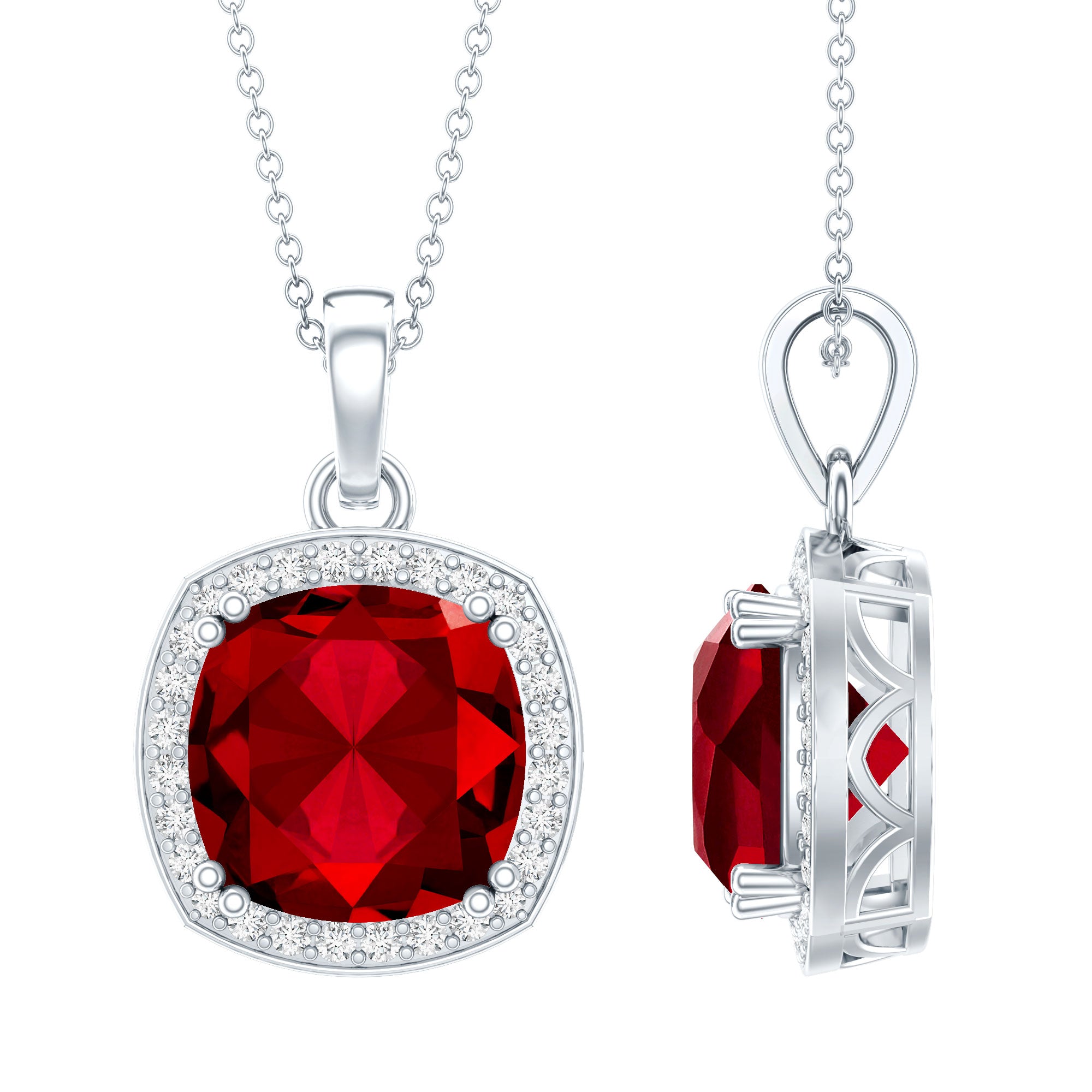 4 Carat Cushion Cut Lab Grown Ruby and Moissanite Halo Pendant Necklace AAAA 92.5 Sterling Silver - Rosec Jewels