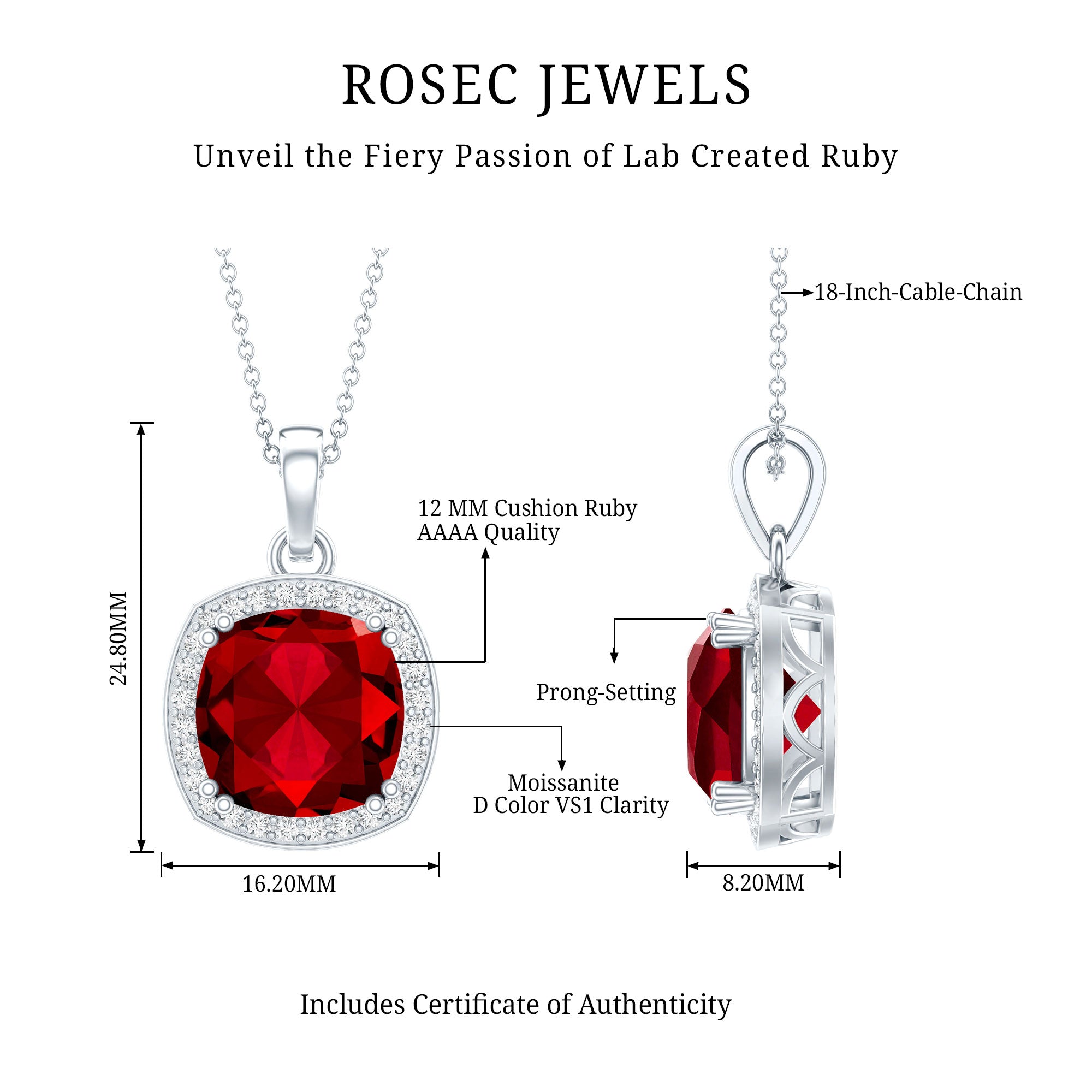 4 Carat Cushion Cut Lab Grown Ruby and Moissanite Halo Pendant Necklace AAAA 92.5 Sterling Silver - Rosec Jewels