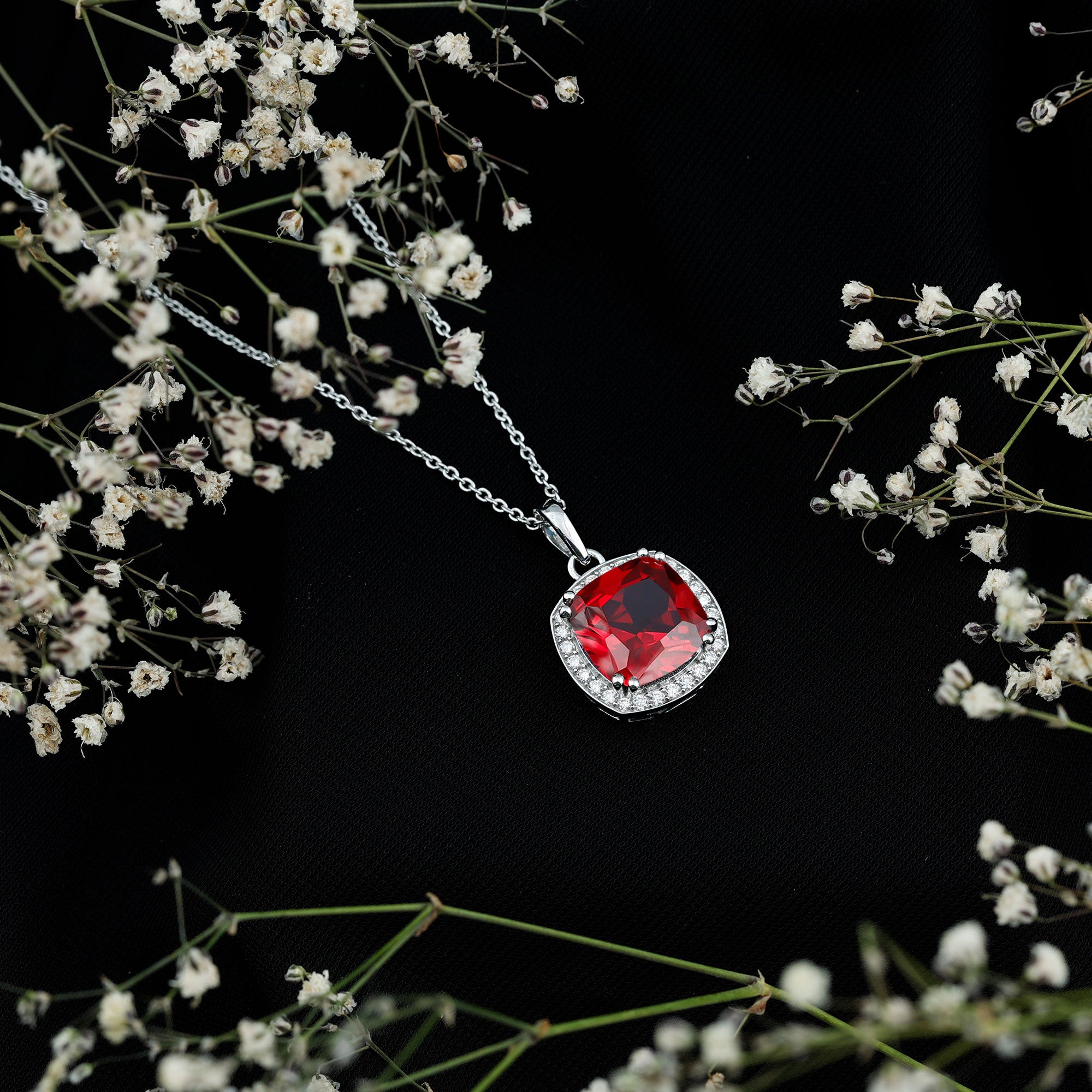 4 Carat Cushion Cut Lab Grown Ruby and Moissanite Halo Pendant Necklace AAAA 92.5 Sterling Silver - Rosec Jewels