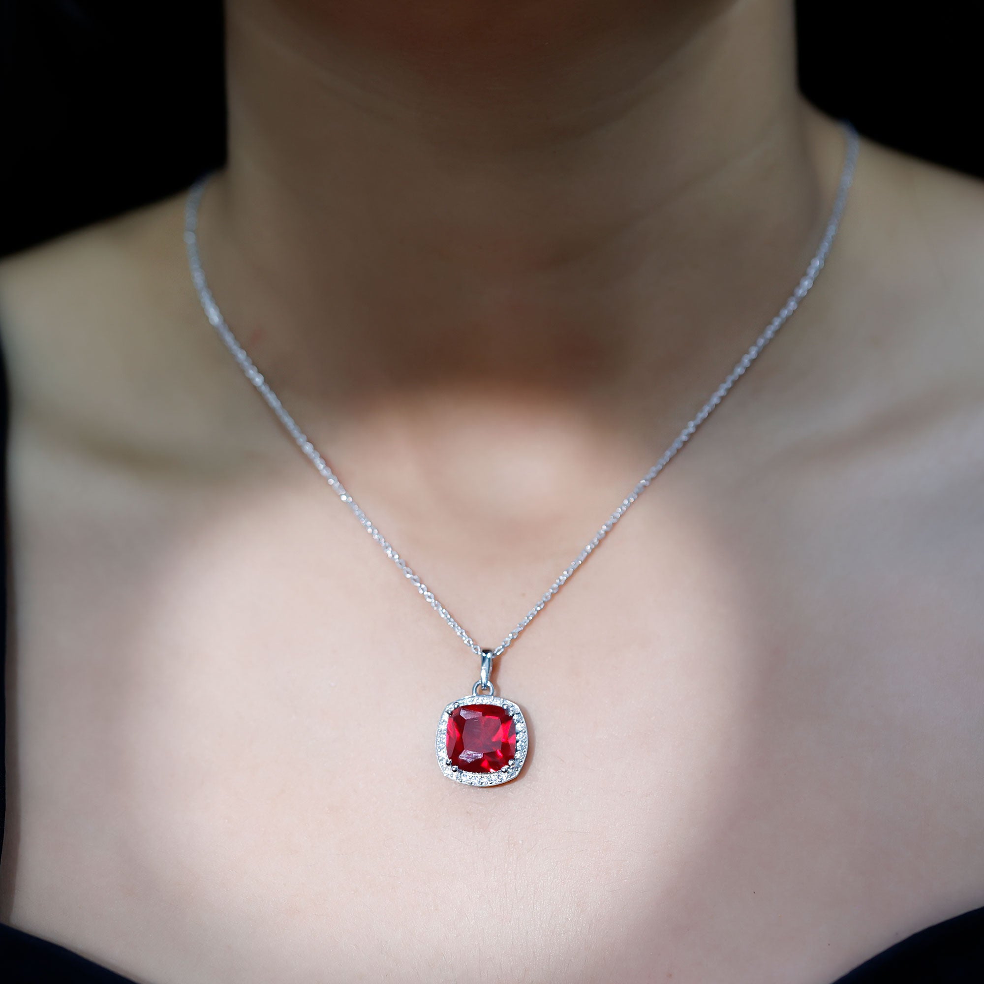4 Carat Cushion Cut Lab Grown Ruby and Moissanite Halo Pendant Necklace AAAA 92.5 Sterling Silver - Rosec Jewels