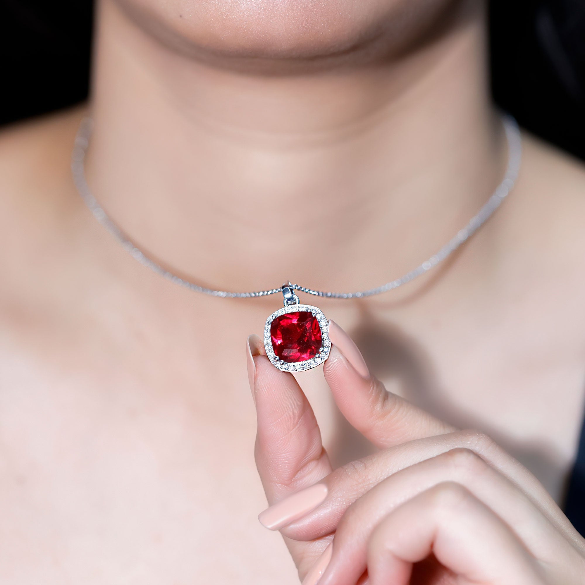 4 Carat Cushion Cut Lab Grown Ruby and Moissanite Halo Pendant Necklace AAAA 92.5 Sterling Silver - Rosec Jewels