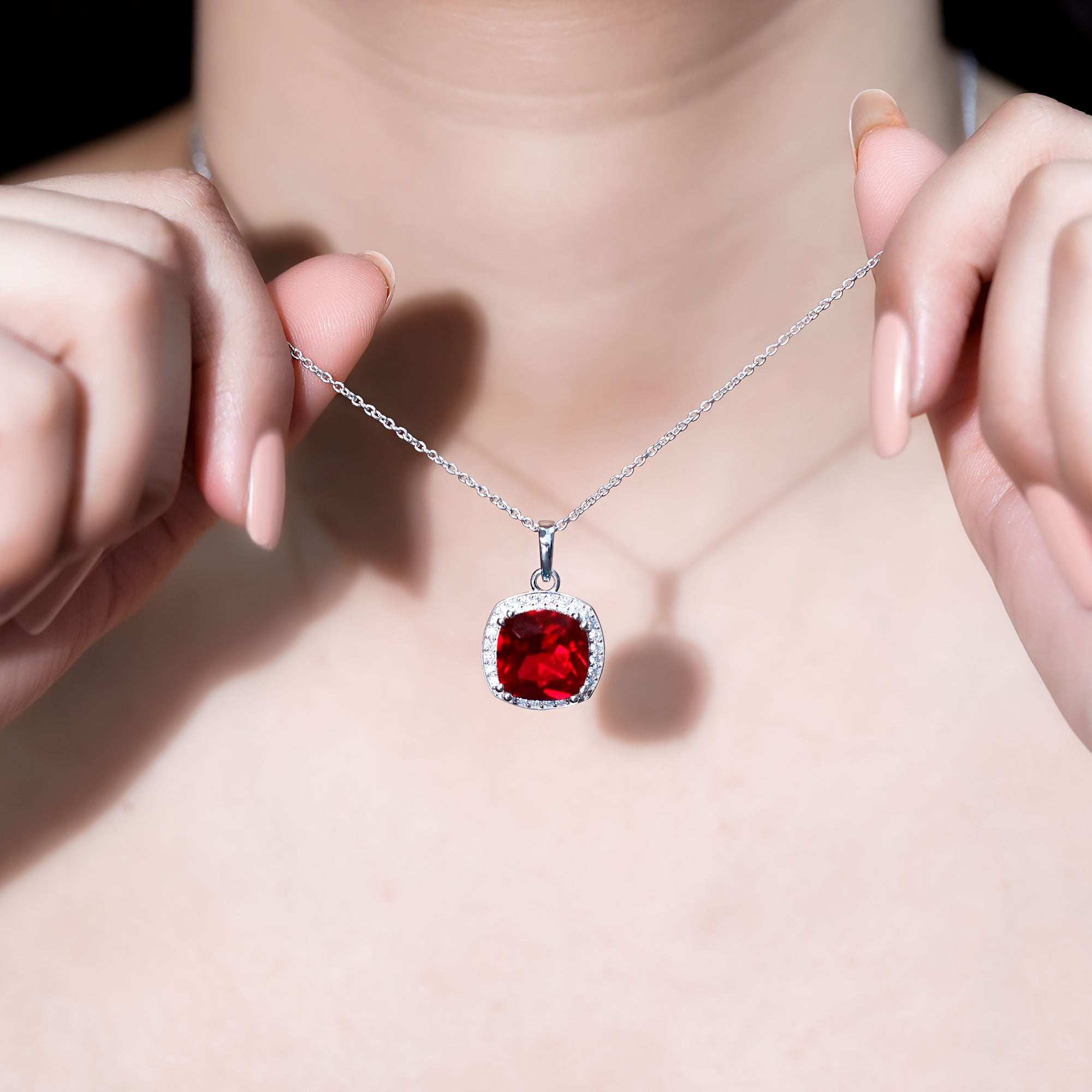 4 Carat Cushion Cut Lab Grown Ruby and Moissanite Halo Pendant Necklace AAAA 92.5 Sterling Silver - Rosec Jewels