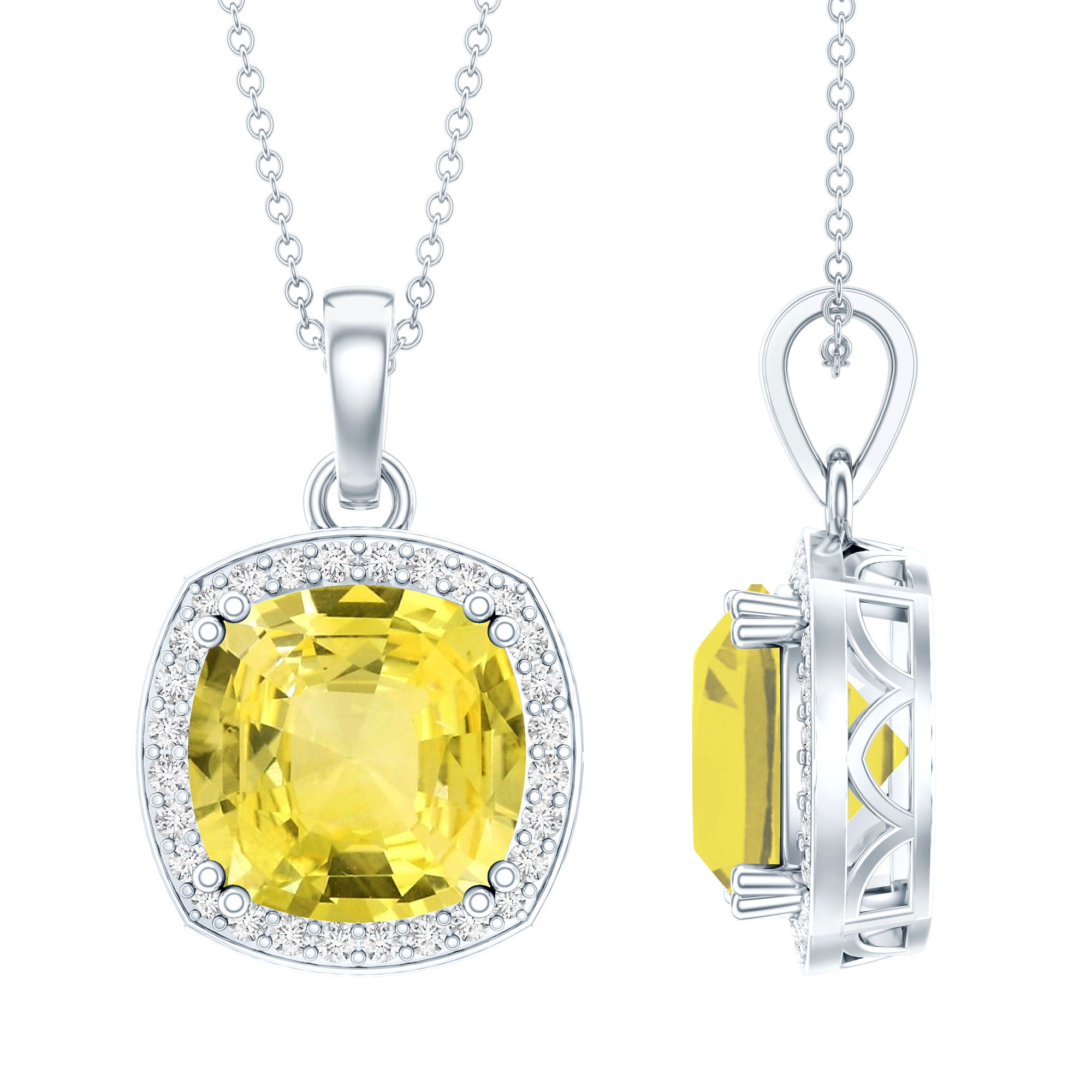 9 Carat Cushion Cut Lab Yellow Sapphire Statement Necklace with Silver Chain AAAA 92.5 Sterling Silver - Rosec Jewels