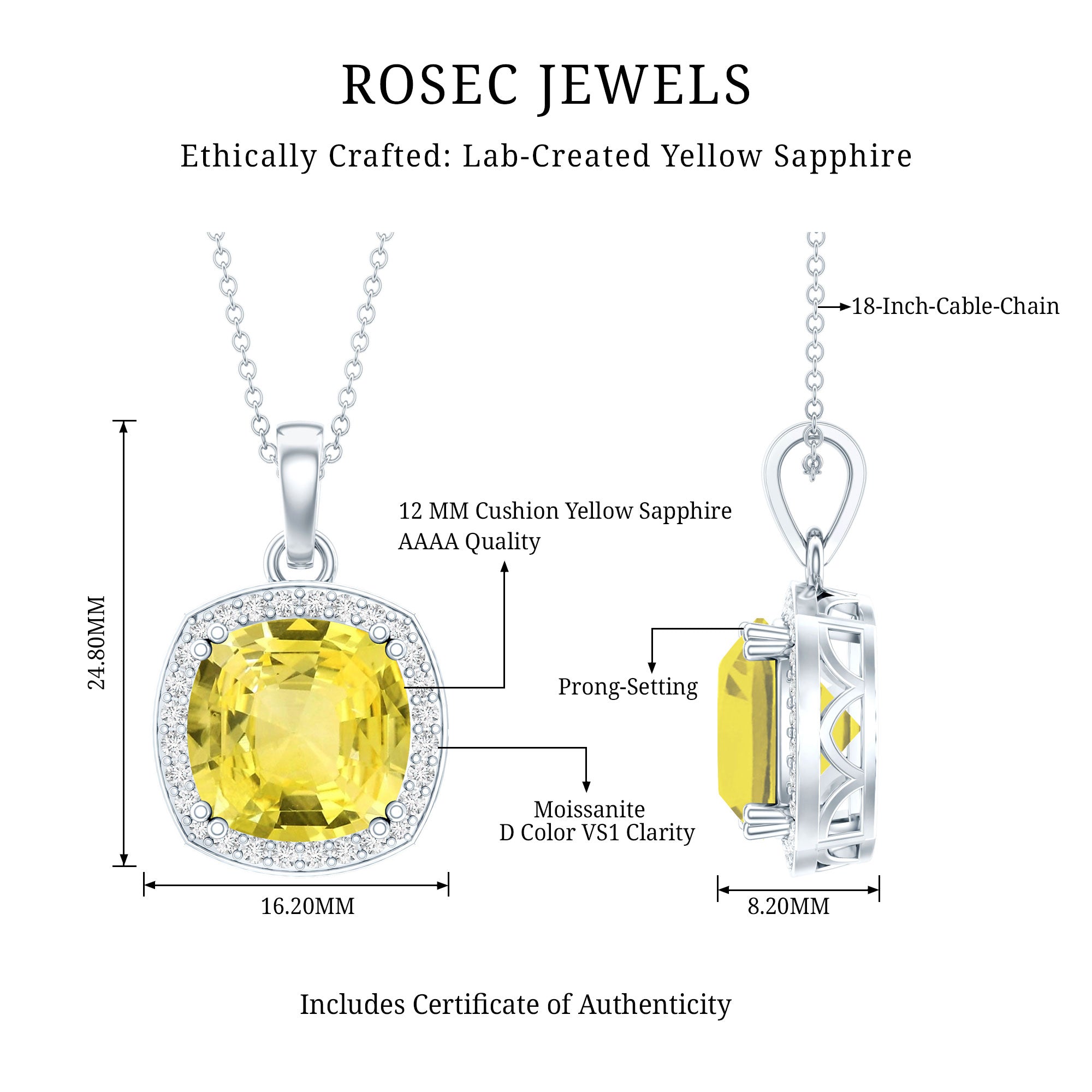 9 Carat Cushion Cut Lab Yellow Sapphire Statement Necklace with Silver Chain AAAA 92.5 Sterling Silver - Rosec Jewels