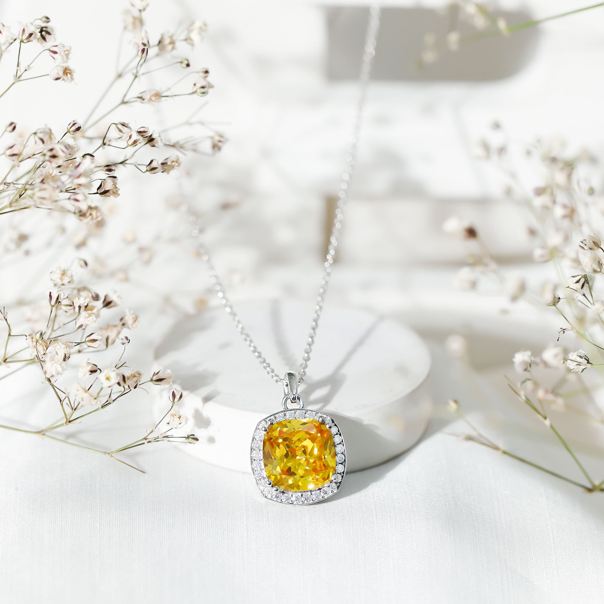 9 Carat Cushion Cut Lab Yellow Sapphire Statement Necklace with Silver Chain AAAA 92.5 Sterling Silver - Rosec Jewels