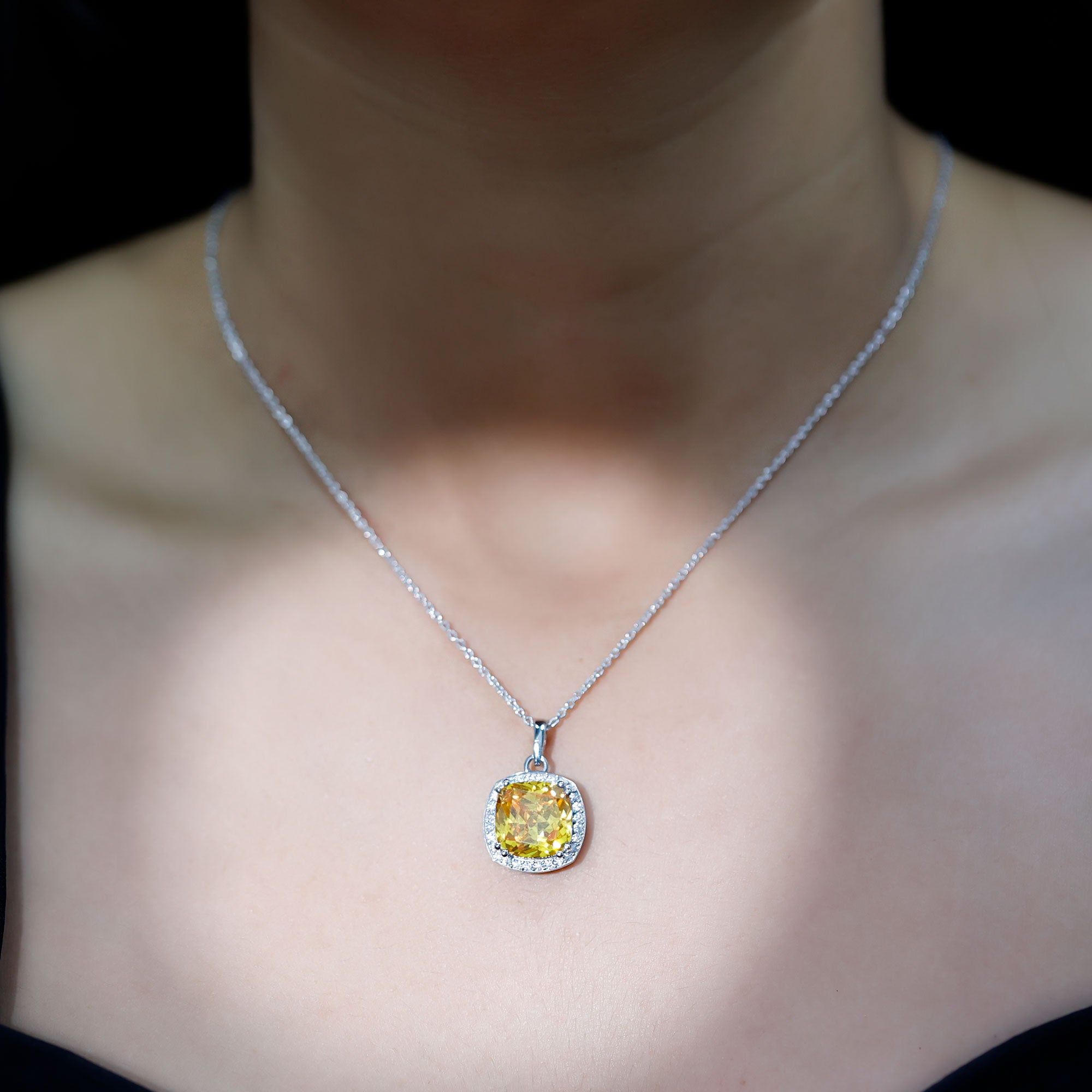 9 Carat Cushion Cut Lab Yellow Sapphire Statement Necklace with Silver Chain AAAA 92.5 Sterling Silver - Rosec Jewels