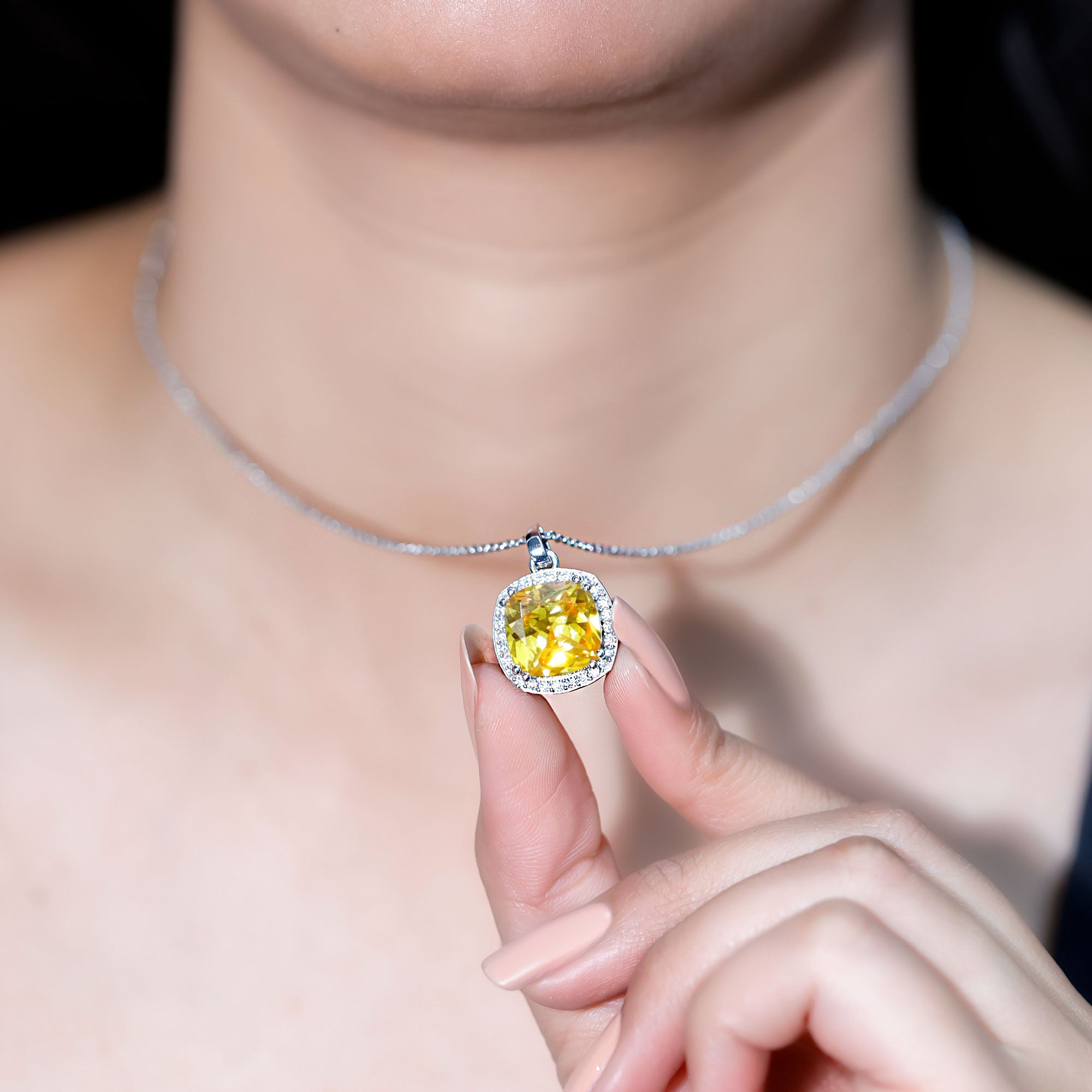 9 Carat Cushion Cut Lab Yellow Sapphire Statement Necklace with Silver Chain AAAA 92.5 Sterling Silver - Rosec Jewels