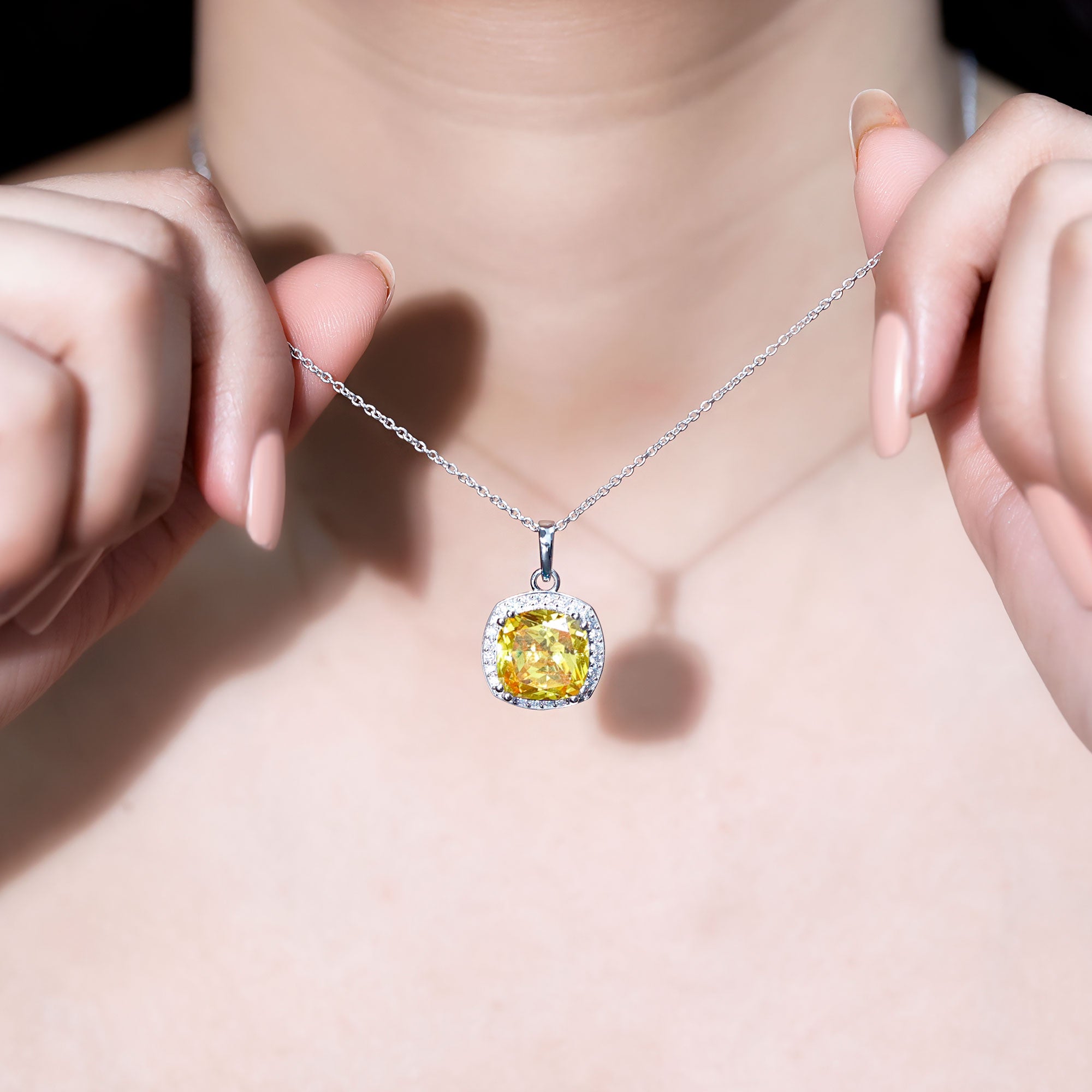 9 Carat Cushion Cut Lab Yellow Sapphire Statement Necklace with Silver Chain AAAA 92.5 Sterling Silver - Rosec Jewels