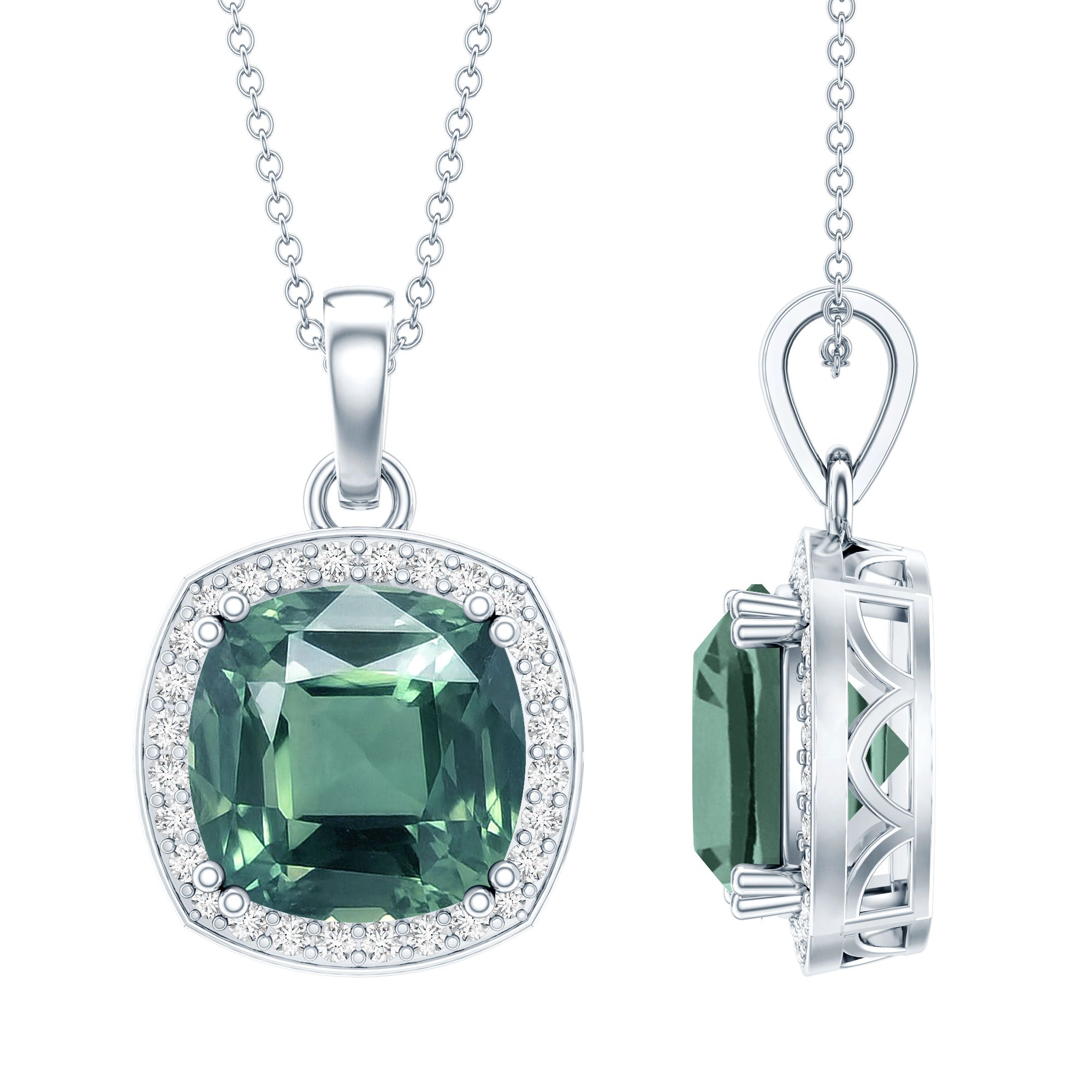 9 Carat Cushion Cut Lab Grown Green Sapphire Statement Necklace With Silver Chain AAAA 92.5 Sterling Silver - Rosec Jewels
