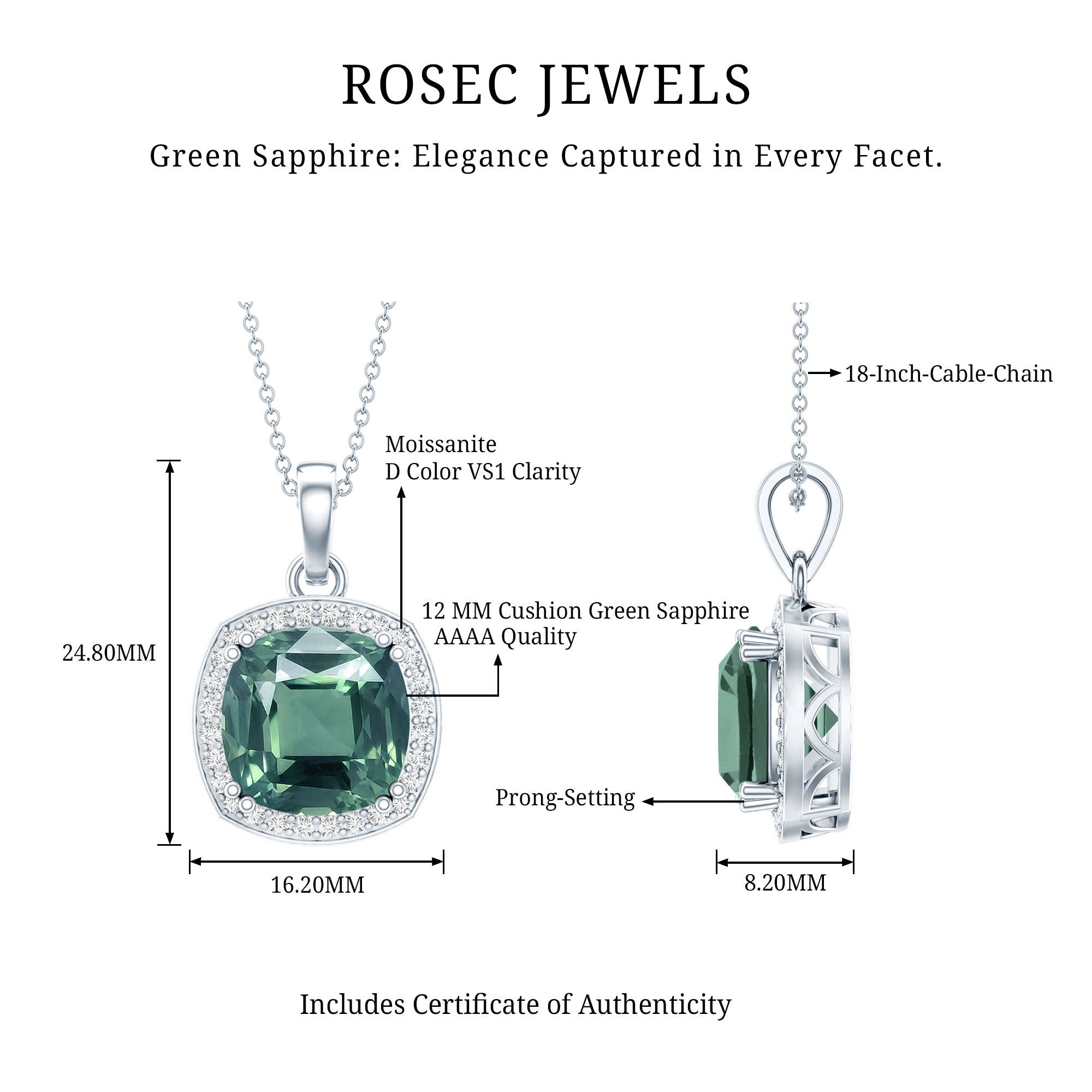 9 Carat Cushion Cut Lab Grown Green Sapphire Statement Necklace With Silver Chain AAAA 92.5 Sterling Silver - Rosec Jewels