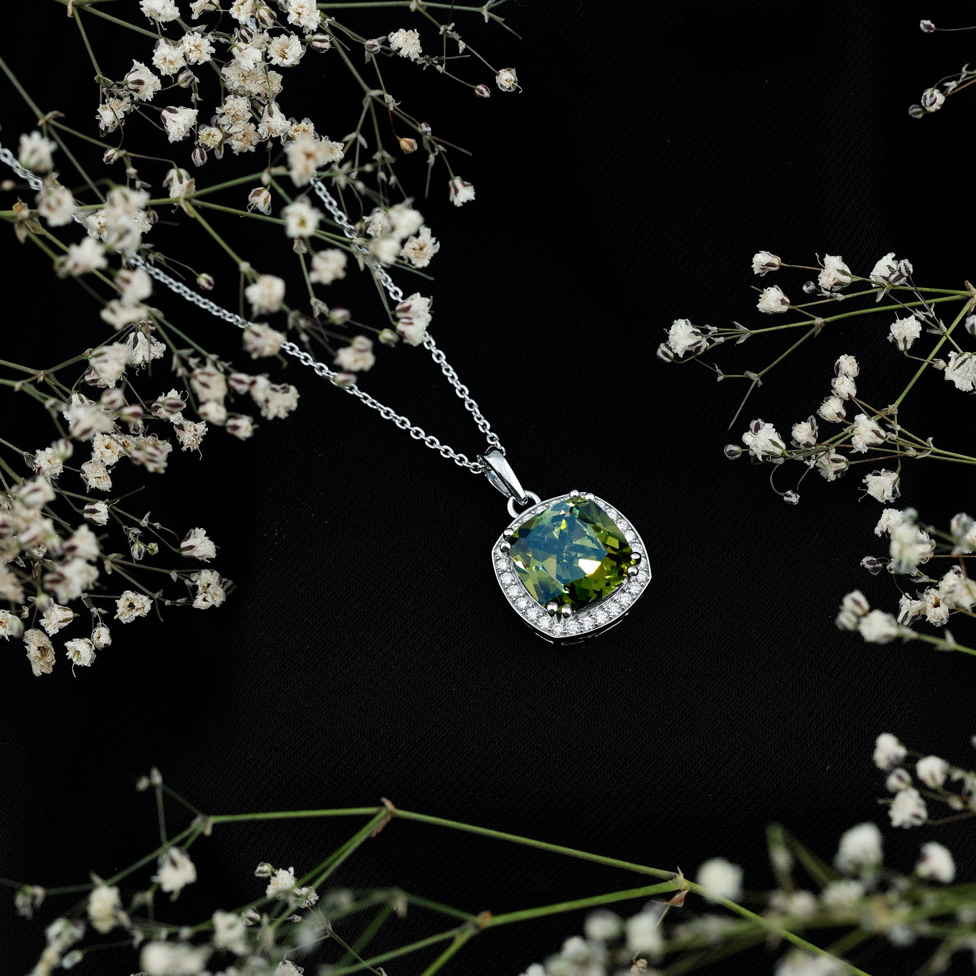 9 Carat Cushion Cut Lab Grown Green Sapphire Statement Necklace With Silver Chain AAAA 92.5 Sterling Silver - Rosec Jewels