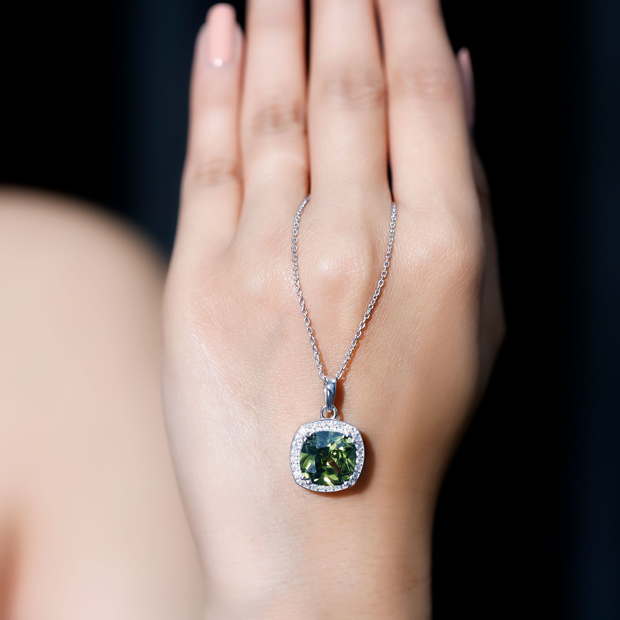 9 Carat Cushion Cut Lab Grown Green Sapphire Statement Necklace With Silver Chain AAAA 92.5 Sterling Silver - Rosec Jewels