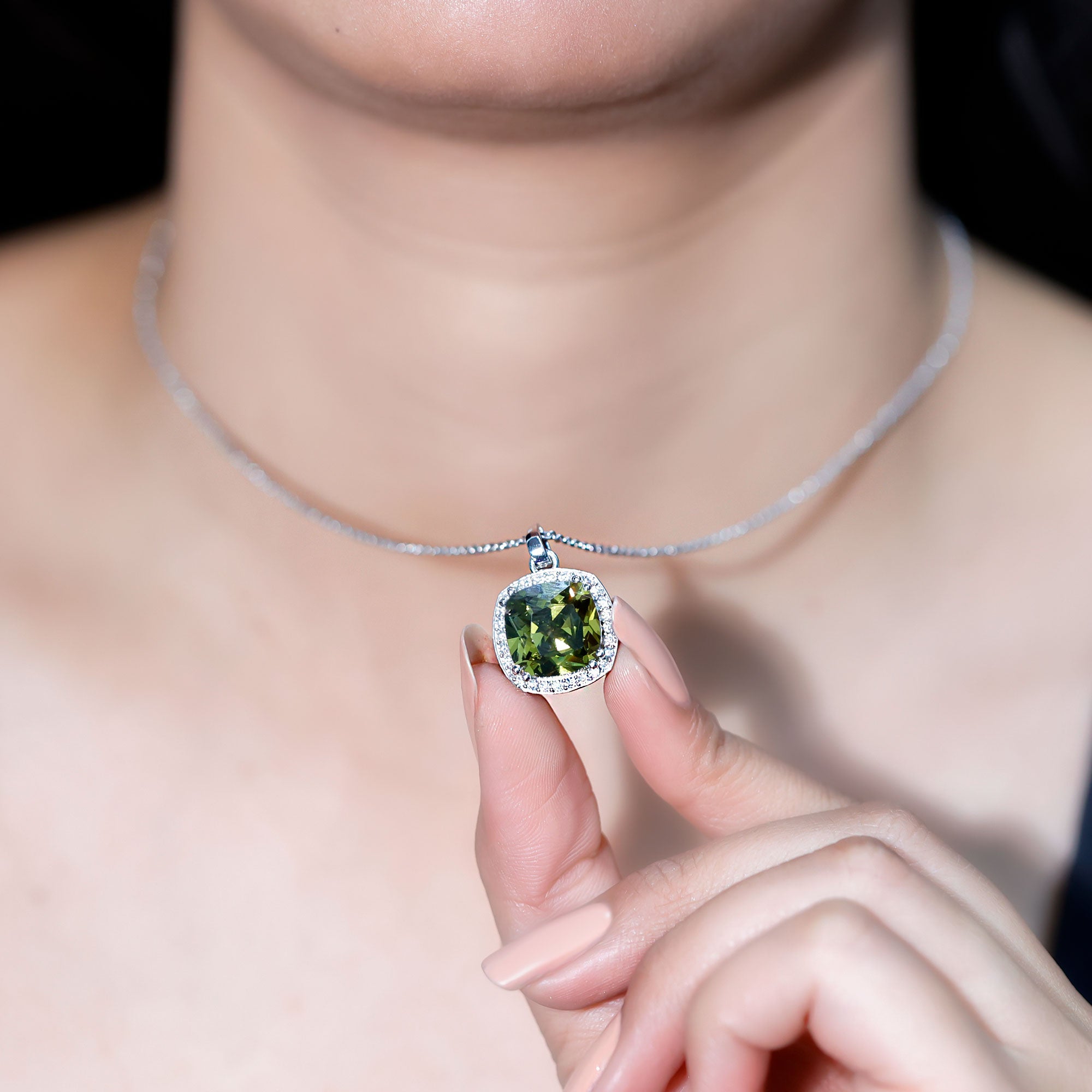9 Carat Cushion Cut Lab Grown Green Sapphire Statement Necklace With Silver Chain AAAA 92.5 Sterling Silver - Rosec Jewels