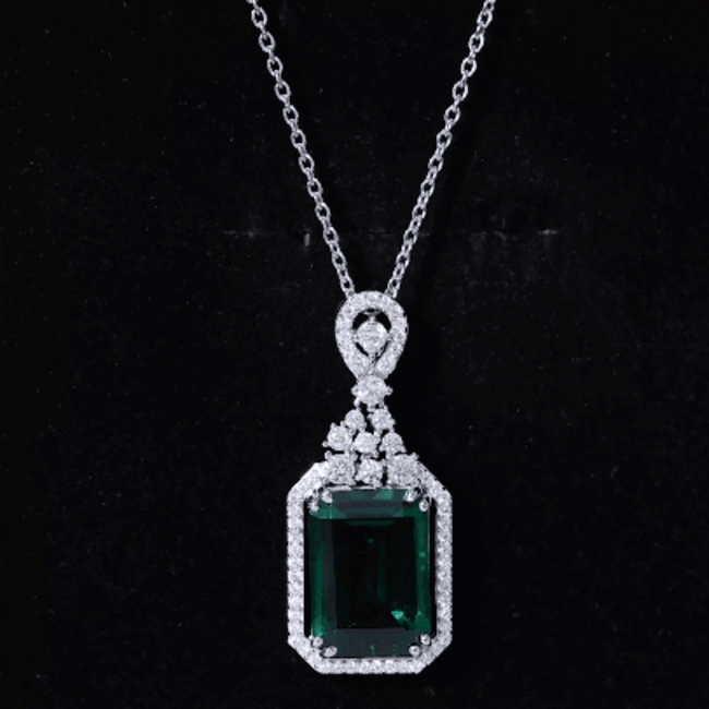 Certified 8.2 Carat Lab Grown Emerald Vintage Necklace with Silver Chain AAAA 92.5 Sterling Silver - Rosec Jewels
