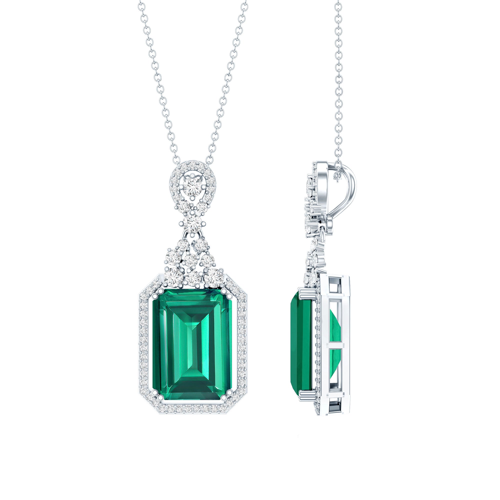 Certified 8.2 Carat Lab Grown Emerald Vintage Necklace with Silver Chain AAAA 92.5 Sterling Silver - Rosec Jewels