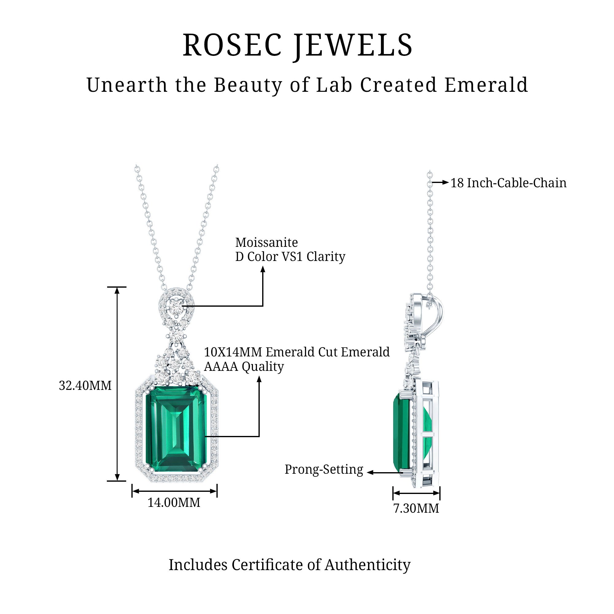 Certified 8.2 Carat Lab Grown Emerald Vintage Necklace with Silver Chain AAAA 92.5 Sterling Silver - Rosec Jewels