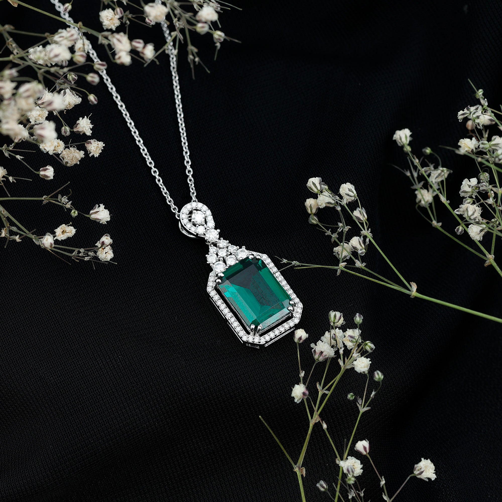 Certified 8.2 Carat Lab Grown Emerald Vintage Necklace with Silver Chain AAAA 92.5 Sterling Silver - Rosec Jewels