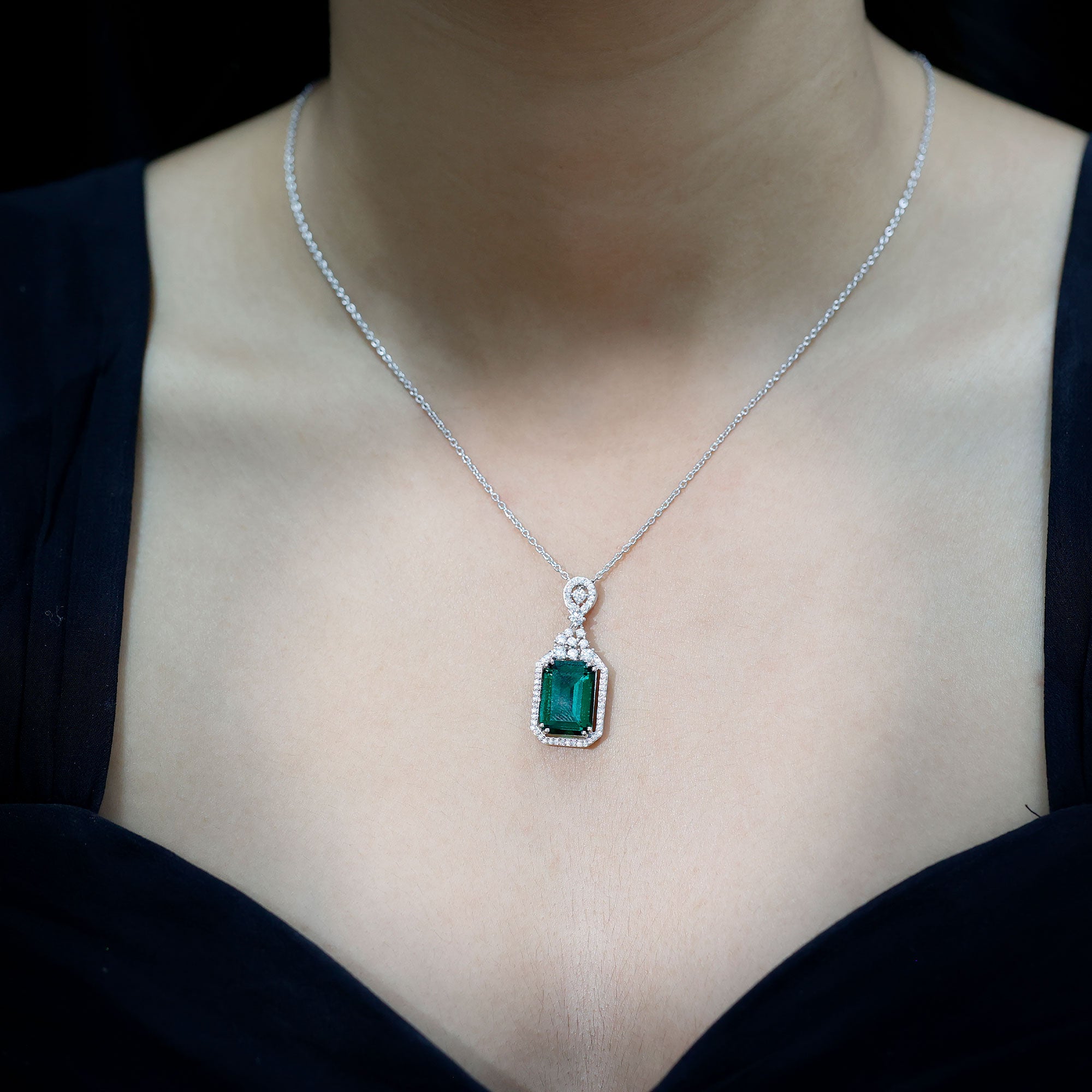 Certified 8.2 Carat Lab Grown Emerald Vintage Necklace with Silver Chain AAAA 92.5 Sterling Silver - Rosec Jewels
