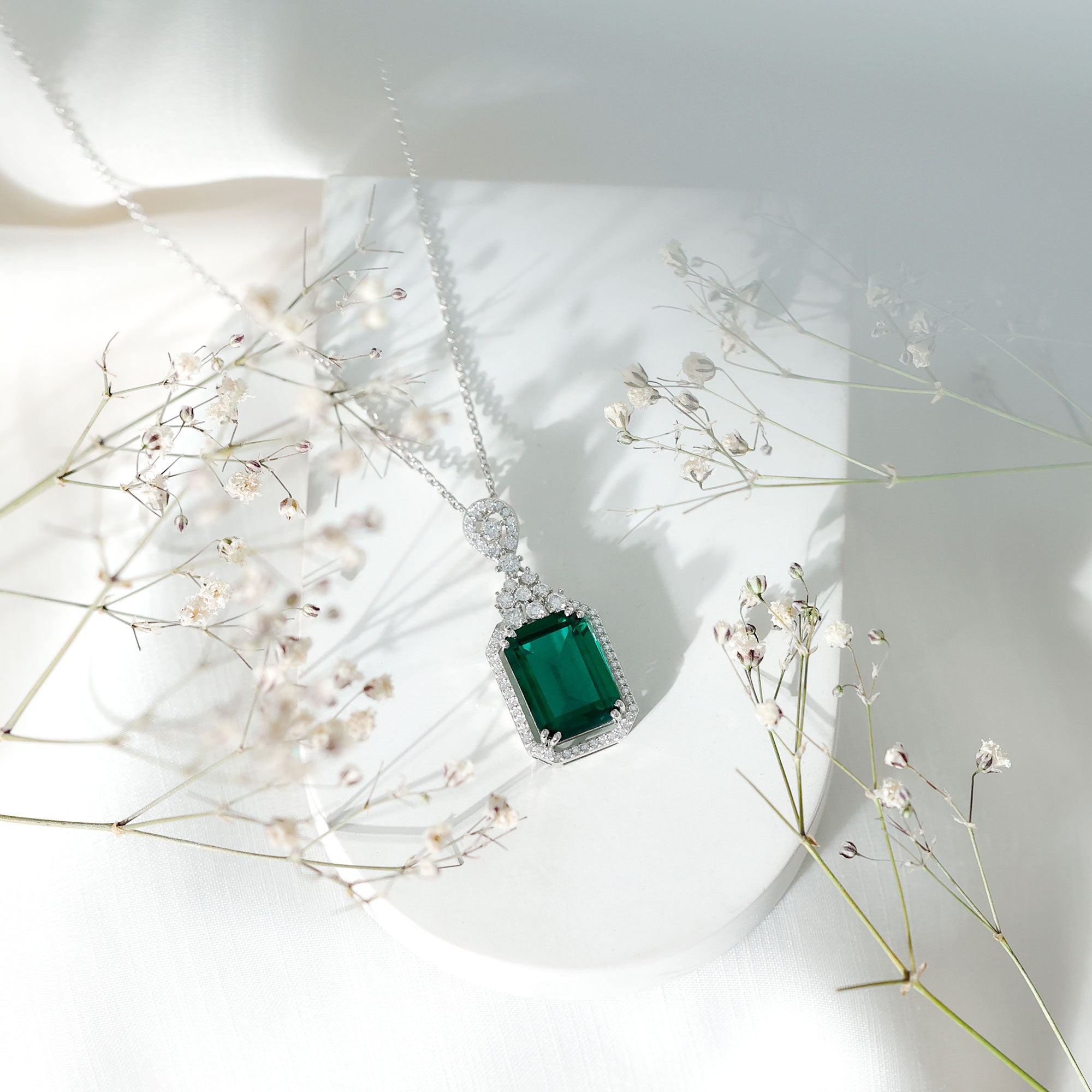 Certified 8.2 Carat Lab Grown Emerald Vintage Necklace with Silver Chain AAAA 92.5 Sterling Silver - Rosec Jewels