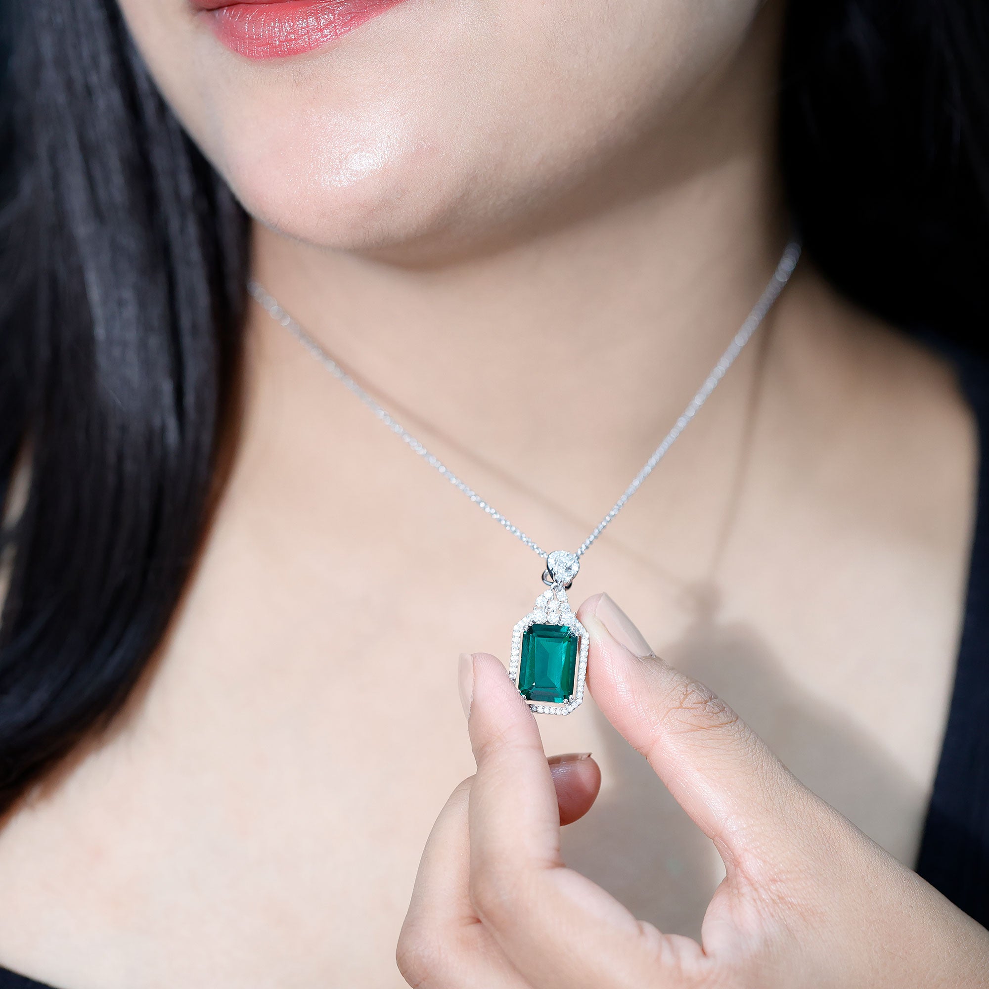 Certified 8.2 Carat Lab Grown Emerald Vintage Necklace with Silver Chain AAAA 92.5 Sterling Silver - Rosec Jewels