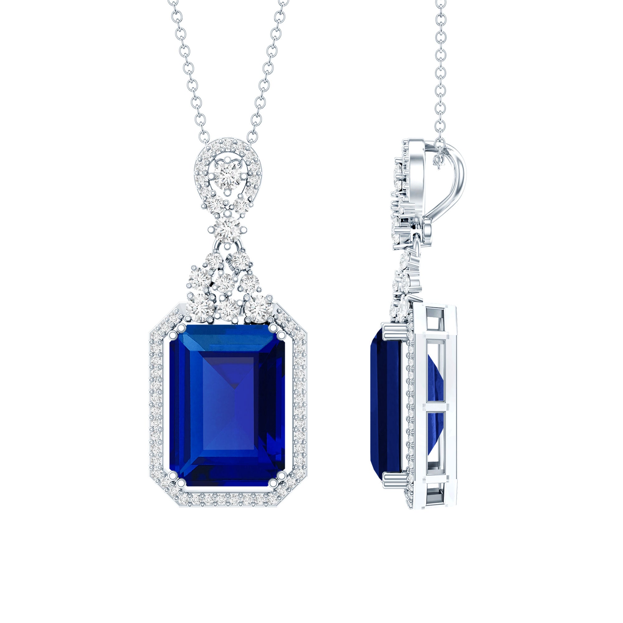9 Carat Lab Grown Blue Sapphire Vintage Necklace With Silver Chain AAAA 92.5 Sterling Silver - Rosec Jewels
