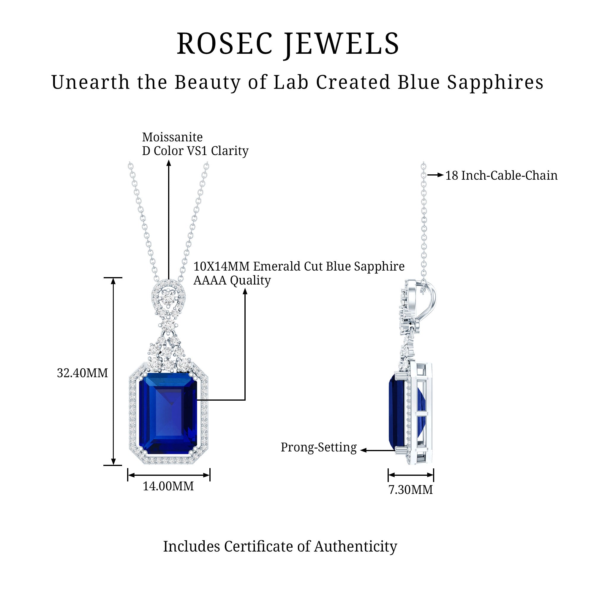 9 Carat Lab Grown Blue Sapphire Vintage Necklace With Silver Chain AAAA 92.5 Sterling Silver - Rosec Jewels
