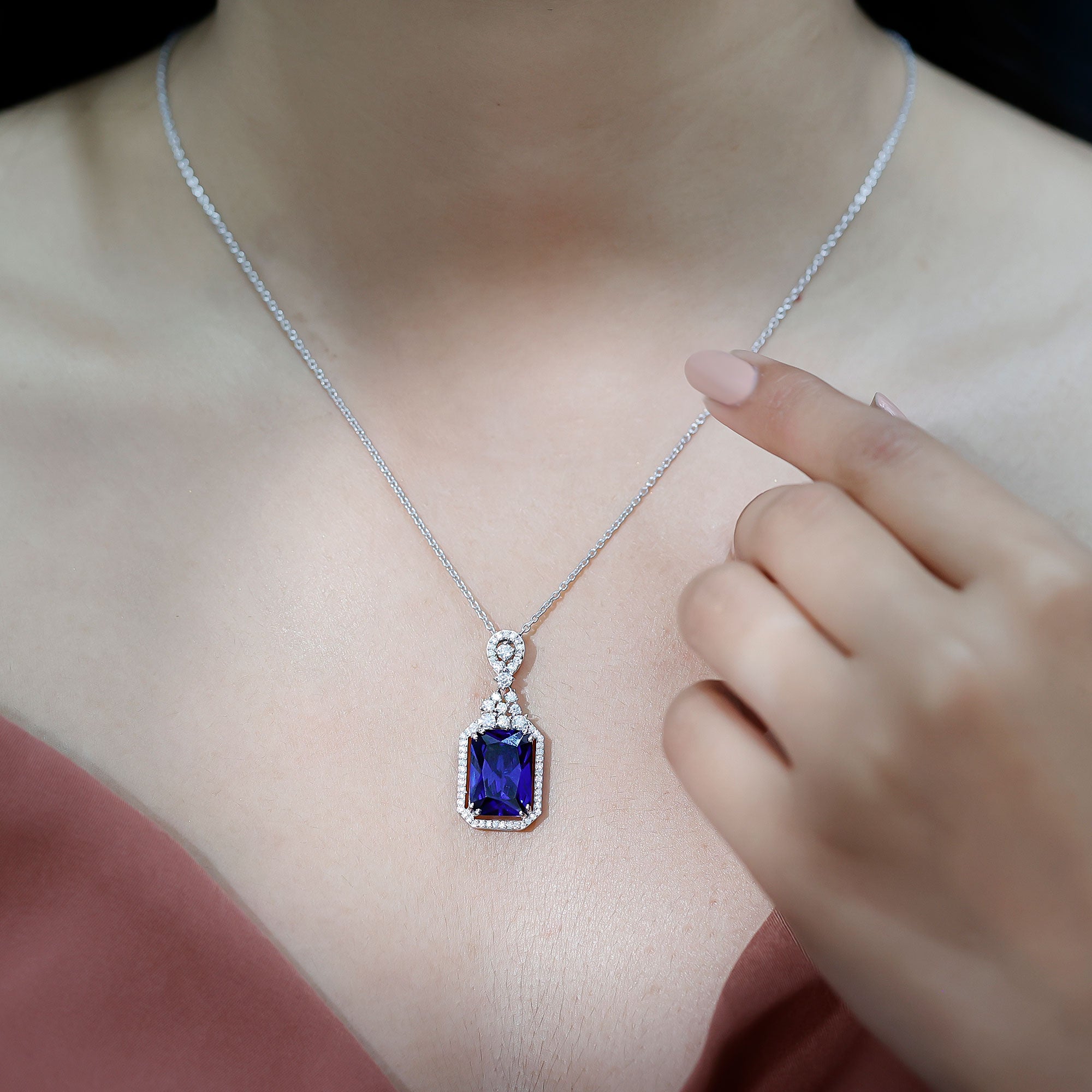 9 Carat Lab Grown Blue Sapphire Vintage Necklace With Silver Chain AAAA 92.5 Sterling Silver - Rosec Jewels