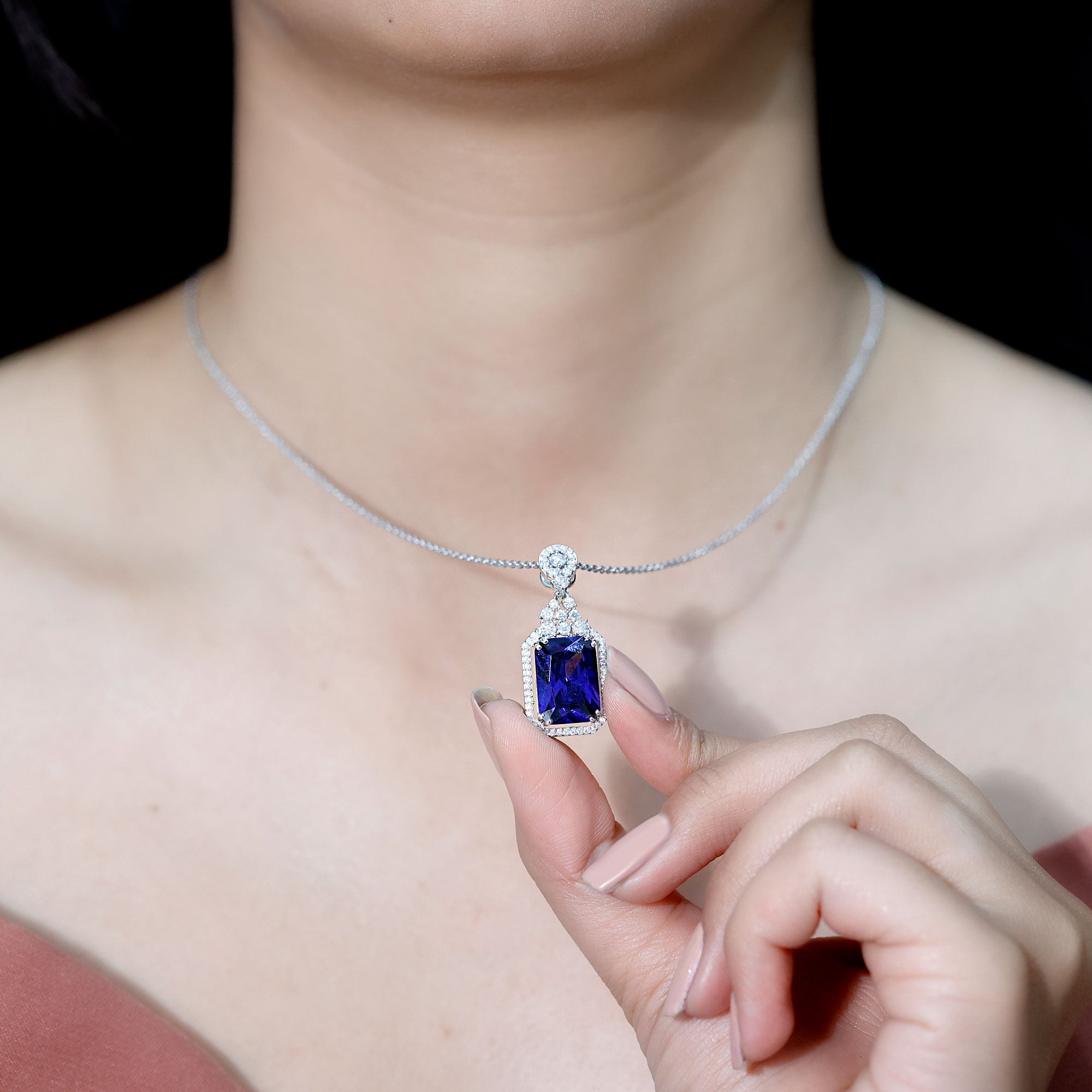 9 Carat Lab Grown Blue Sapphire Vintage Necklace With Silver Chain AAAA 92.5 Sterling Silver - Rosec Jewels