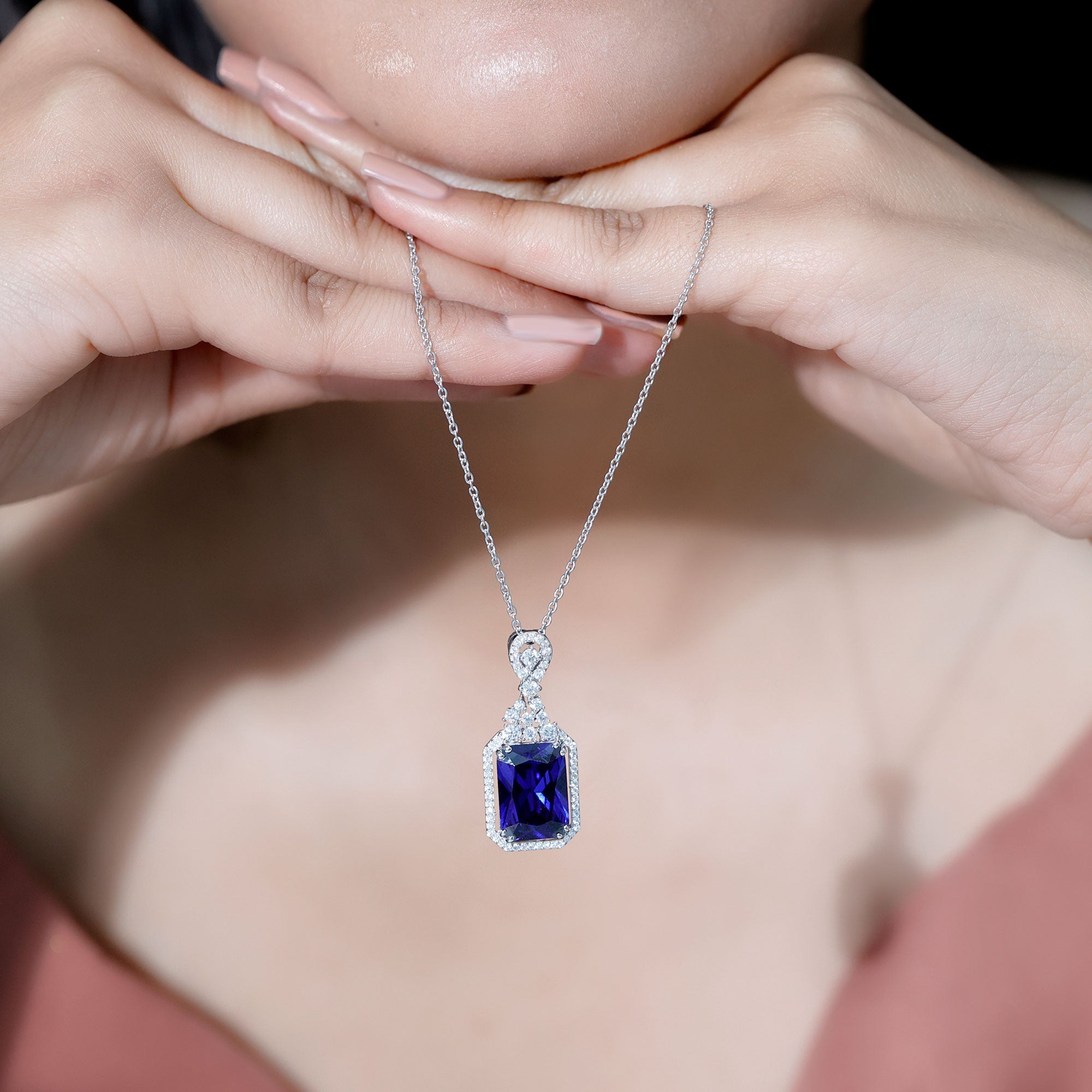 9 Carat Lab Grown Blue Sapphire Vintage Necklace With Silver Chain AAAA 92.5 Sterling Silver - Rosec Jewels