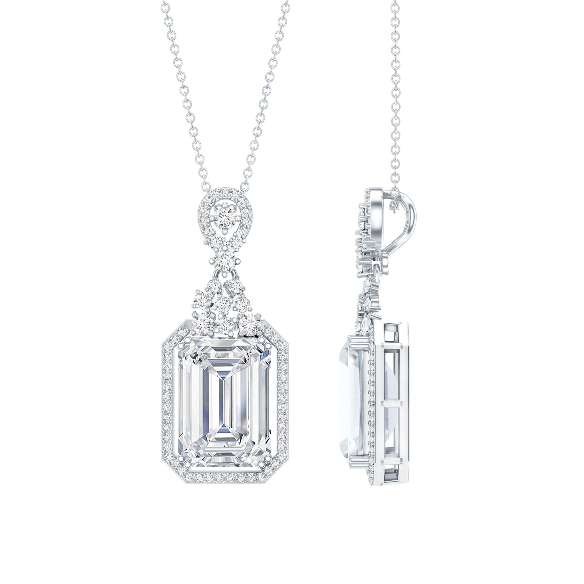 4.5 Carat Emerald Cut Moissanite Wedding Necklace with Silver Chain D-VS1 92.5 Sterling Silver - Rosec Jewels