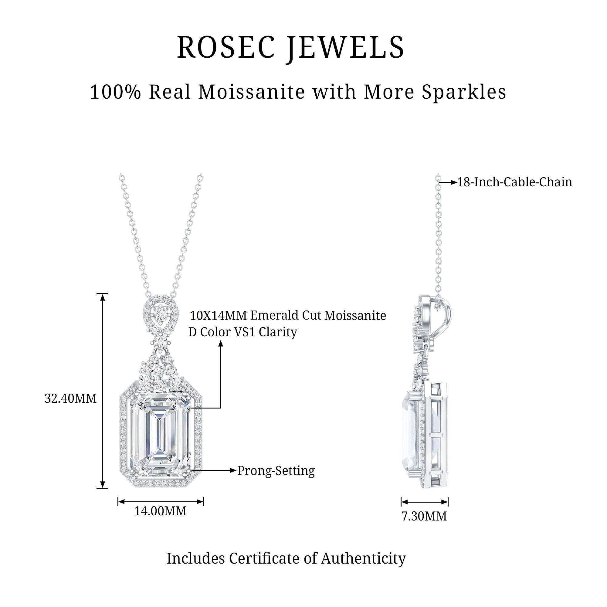 4.5 Carat Emerald Cut Moissanite Wedding Necklace with Silver Chain D-VS1 92.5 Sterling Silver - Rosec Jewels