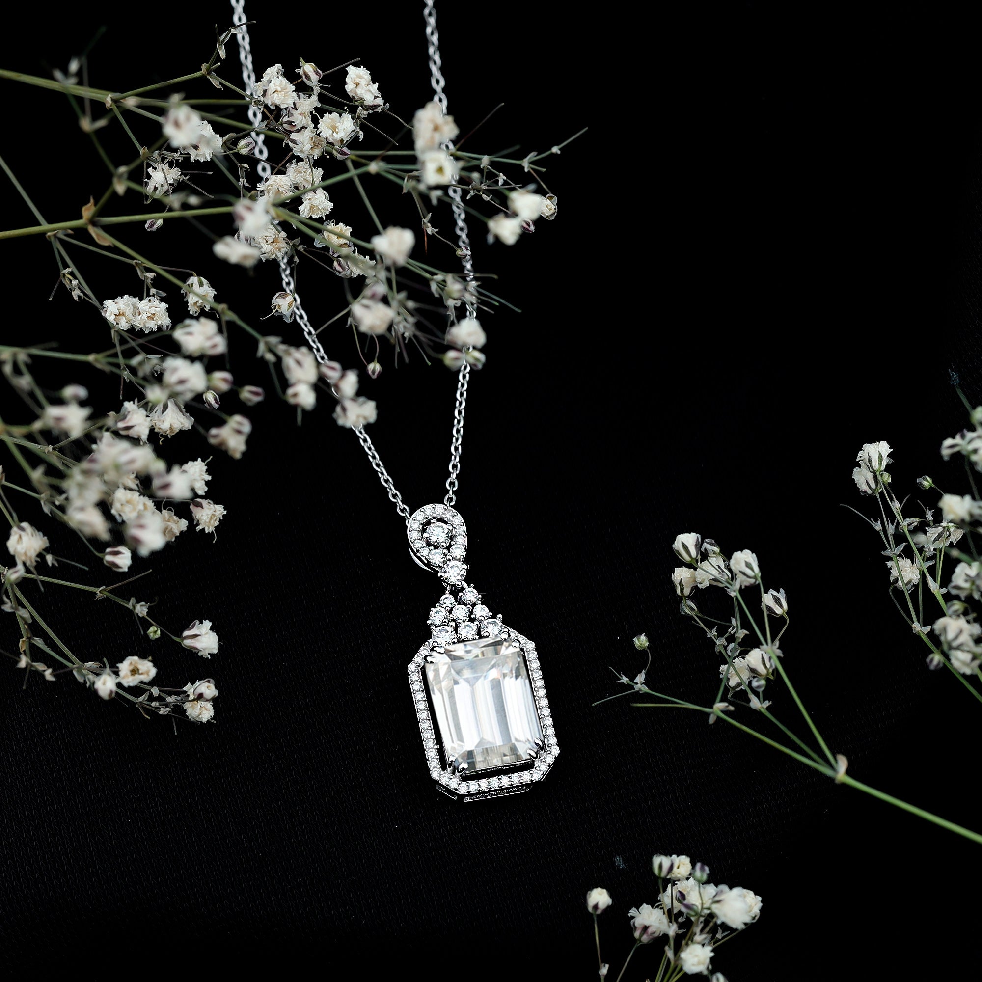 4.5 Carat Emerald Cut Moissanite Wedding Necklace with Silver Chain D-VS1 92.5 Sterling Silver - Rosec Jewels