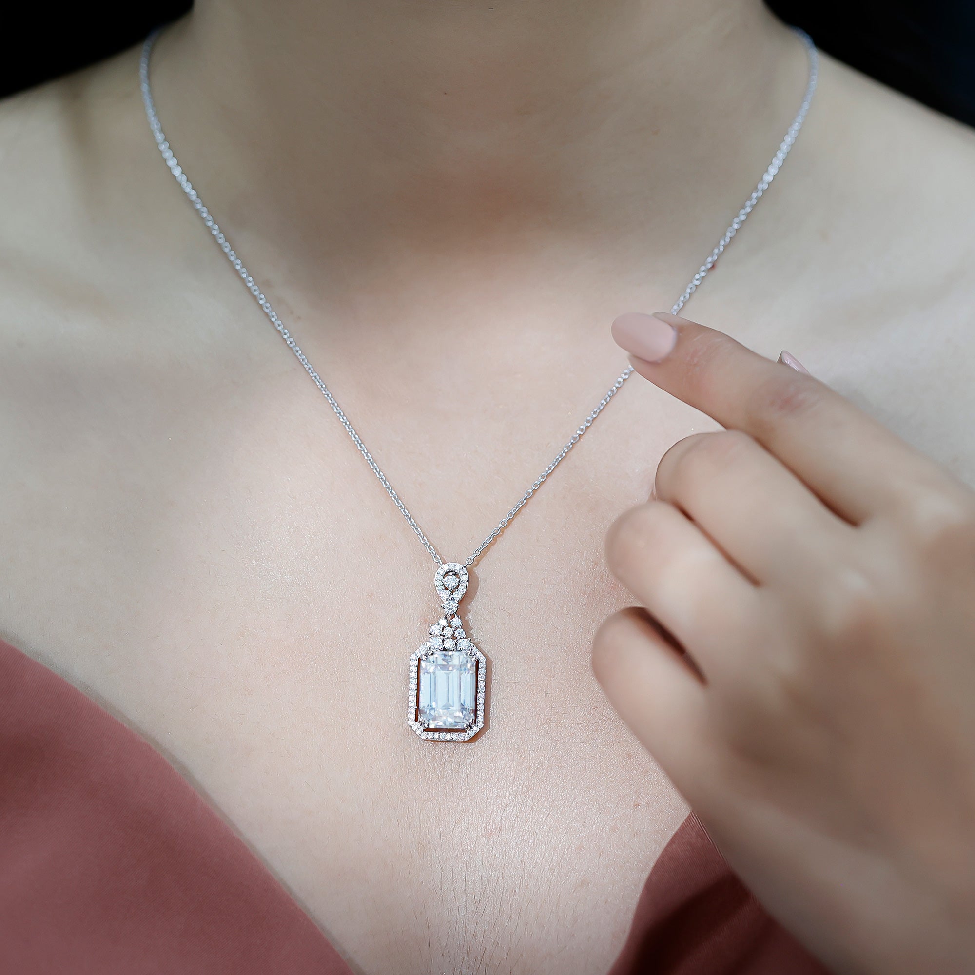 4.5 Carat Emerald Cut Moissanite Wedding Necklace with Silver Chain D-VS1 92.5 Sterling Silver - Rosec Jewels
