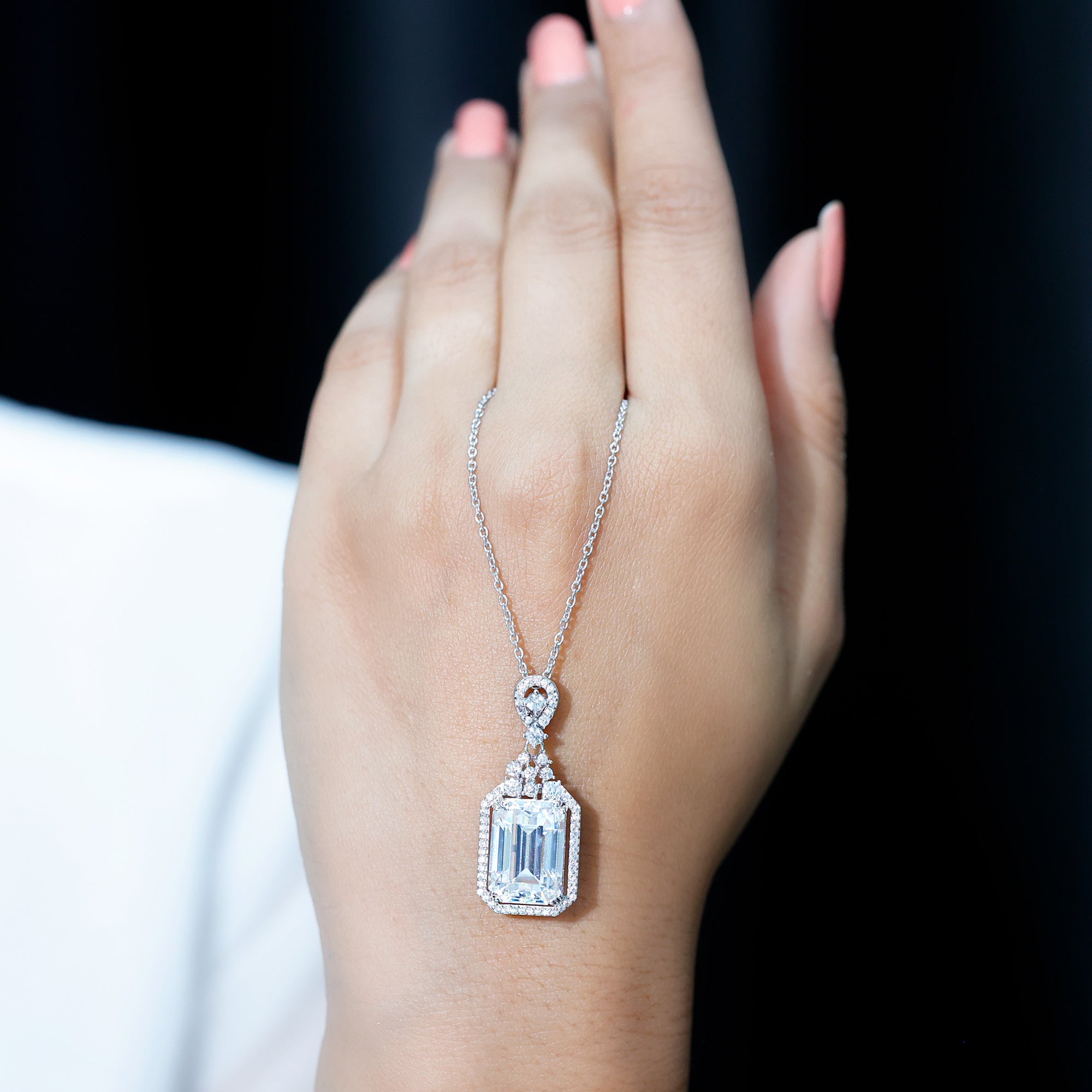 4.5 Carat Emerald Cut Moissanite Wedding Necklace with Silver Chain D-VS1 92.5 Sterling Silver - Rosec Jewels