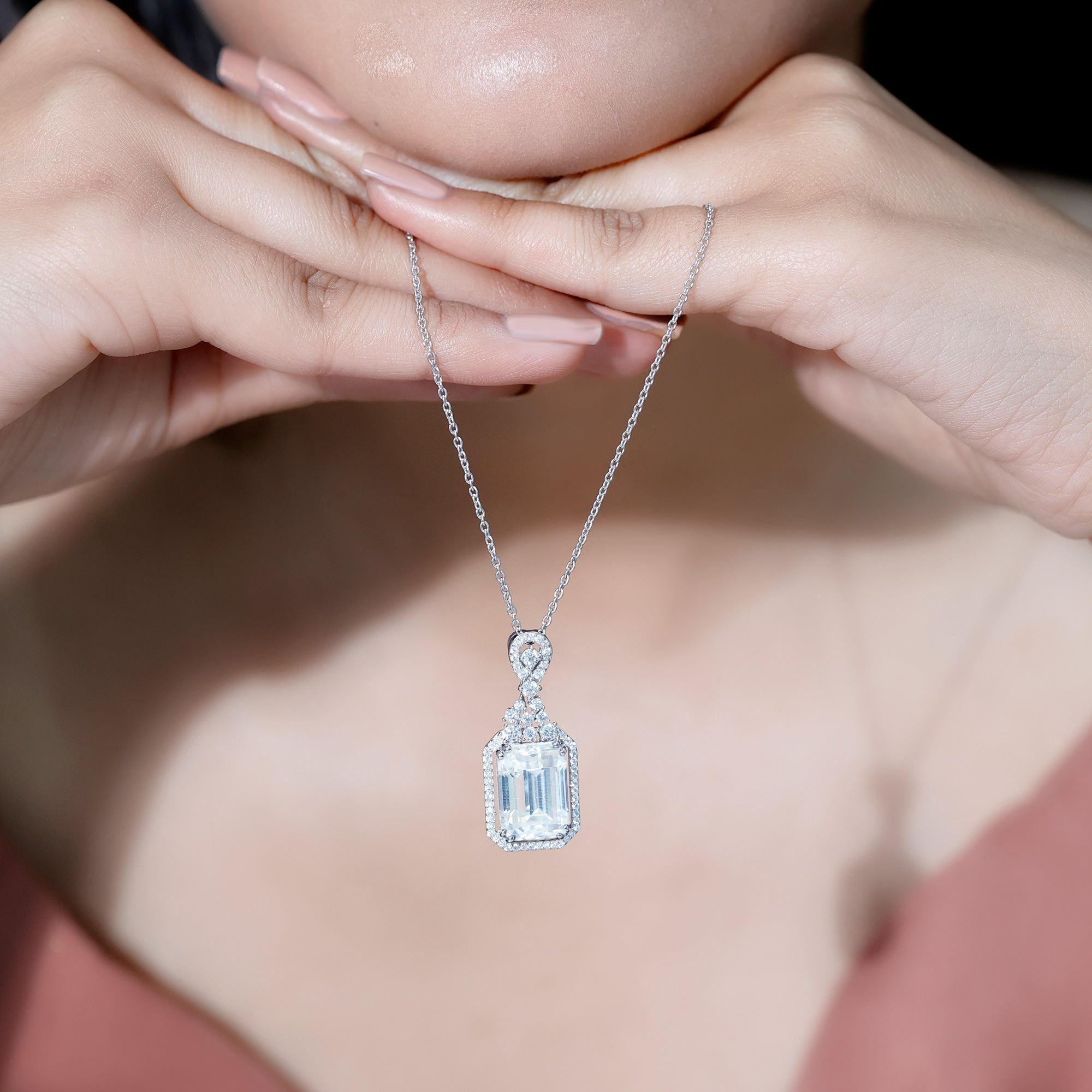 4.5 Carat Emerald Cut Moissanite Wedding Necklace with Silver Chain D-VS1 92.5 Sterling Silver - Rosec Jewels
